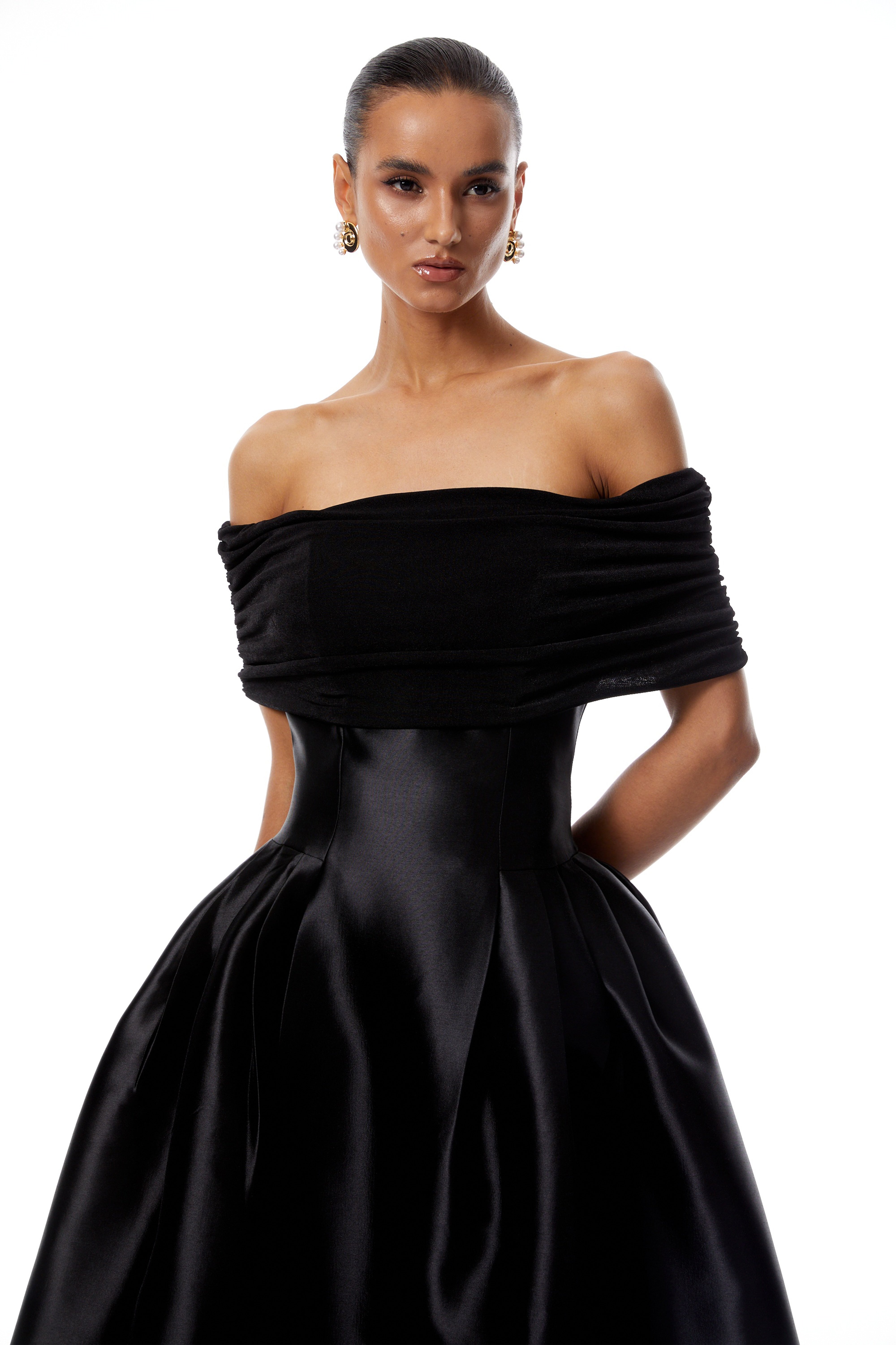 Black Off Shoulder Polished Midi Dress