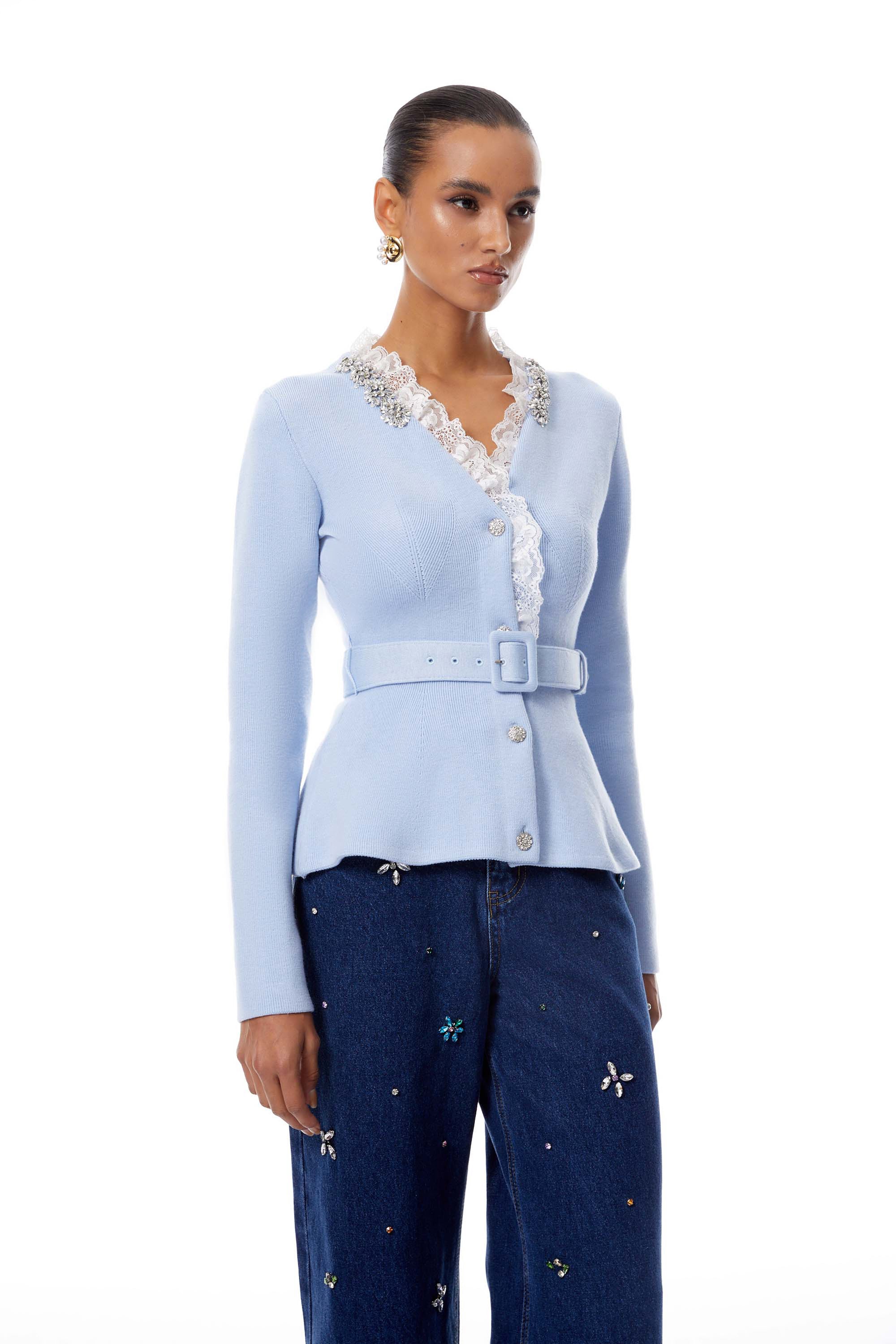 Blue Crystal Trim Cardigan