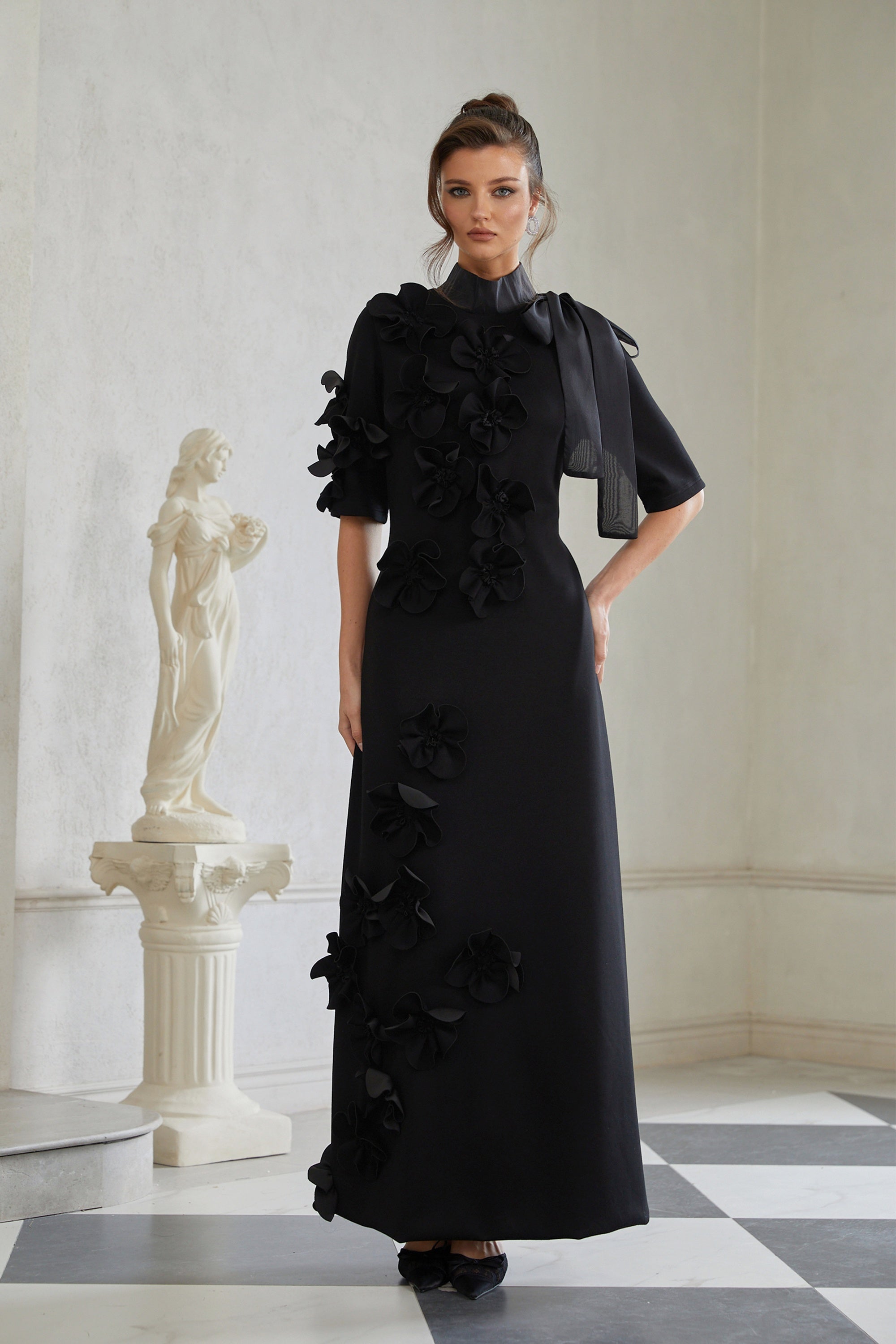 Bowknot Floral Appliqué Maxi Dress