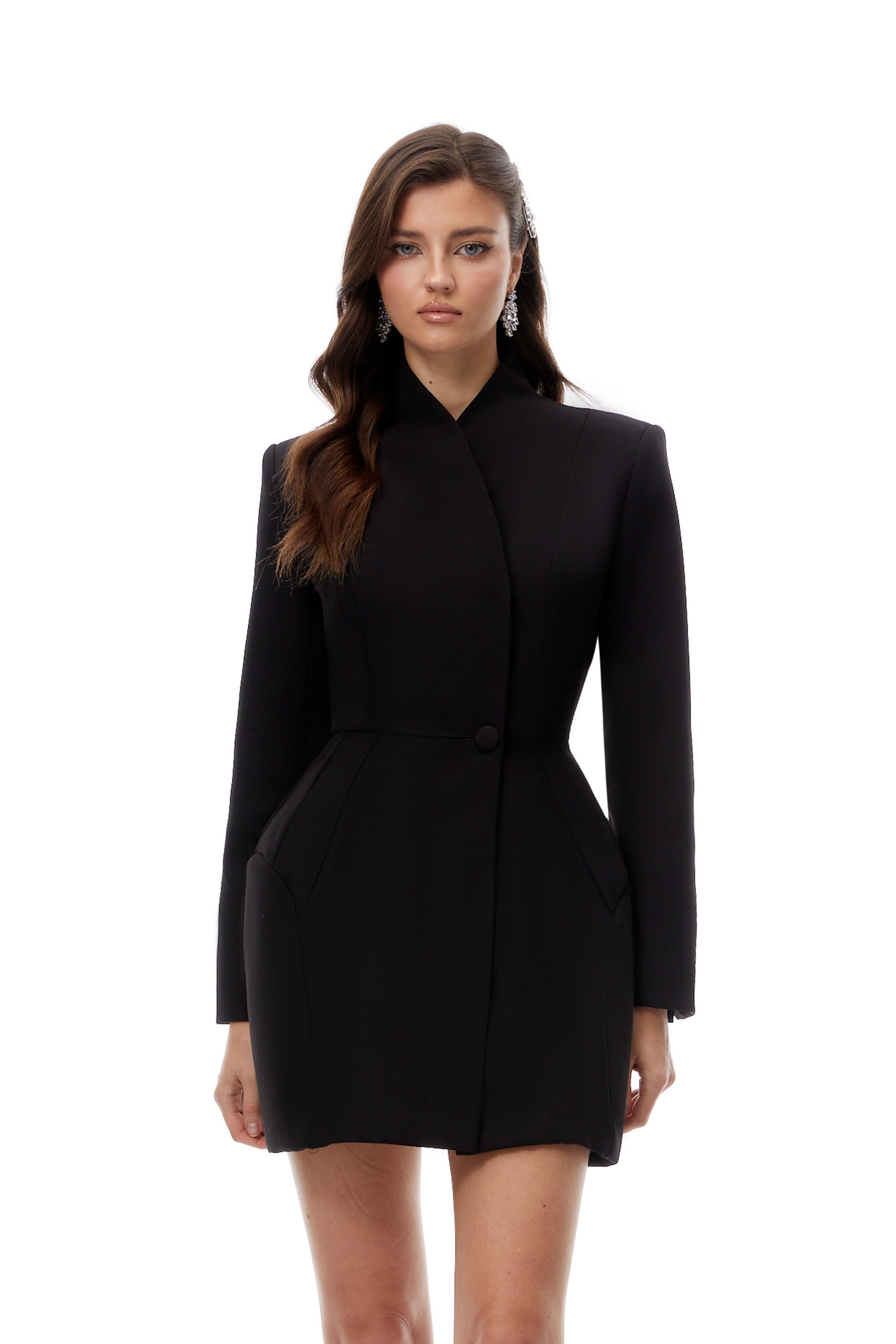 Black high-neck structured blazer dress with single-button closure