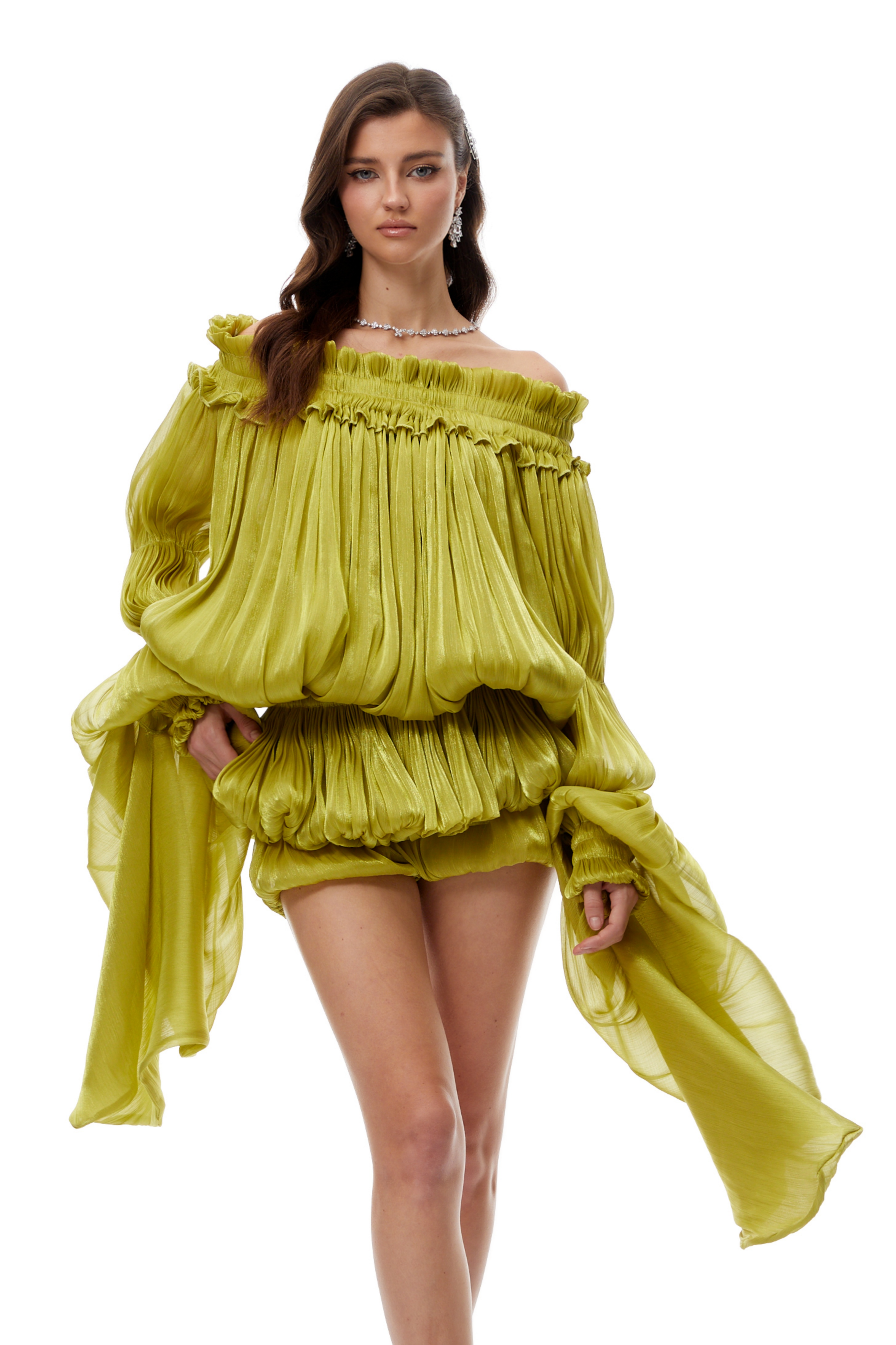 Off Shoulder Shirred Glossy Mini Dress
