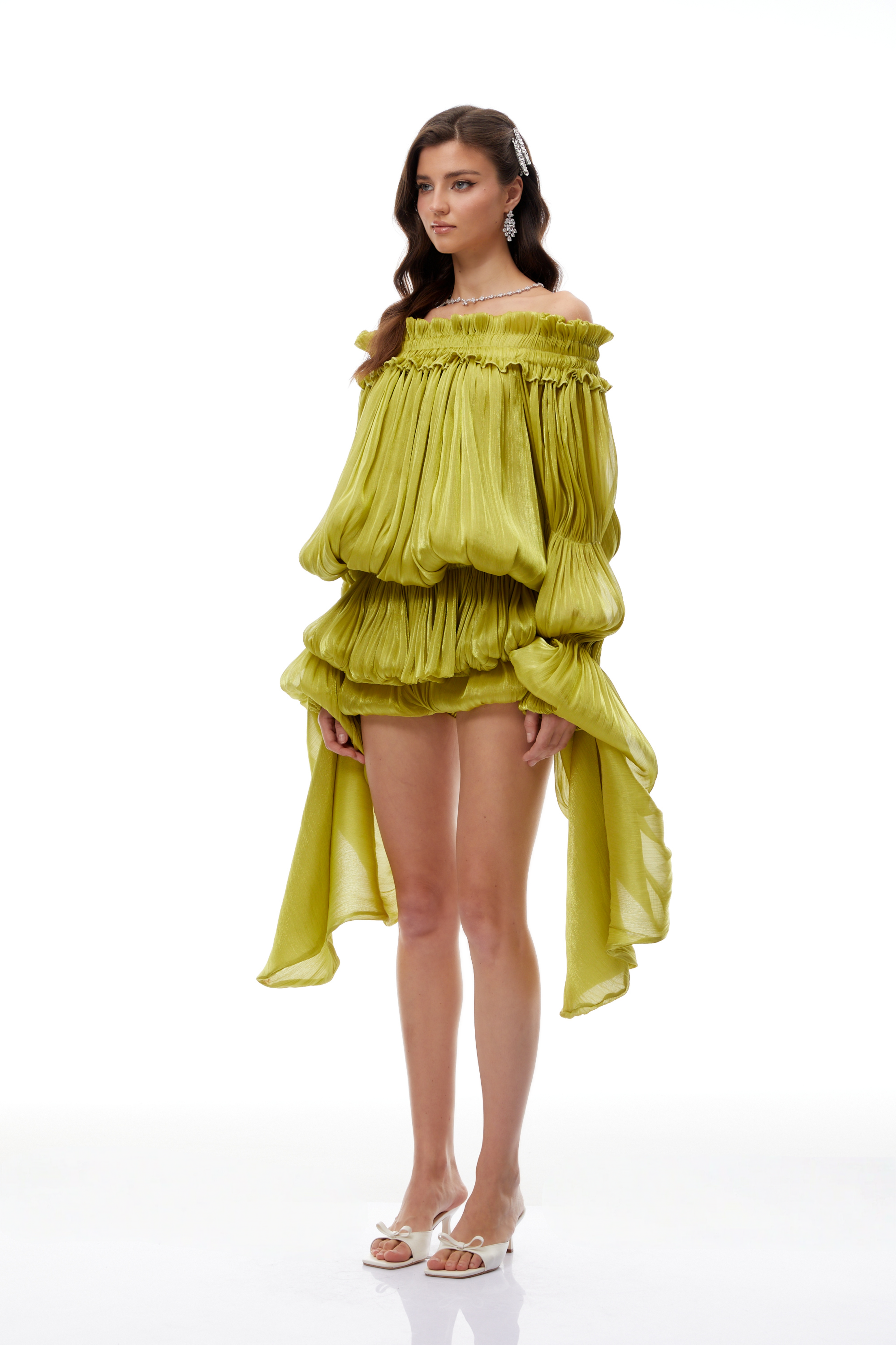 Off Shoulder Shirred Glossy Mini Dress