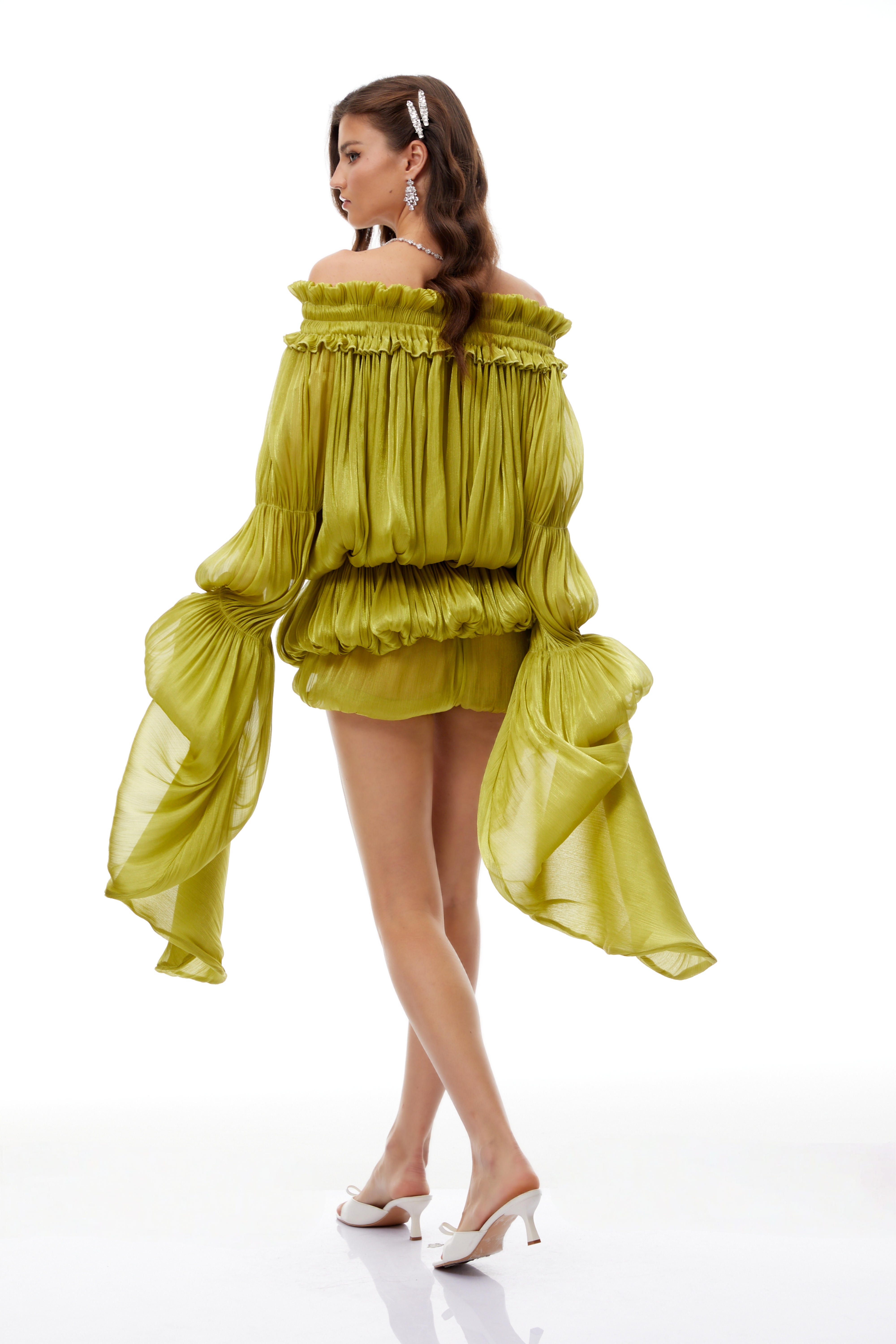 Off Shoulder Shirred Glossy Mini Dress