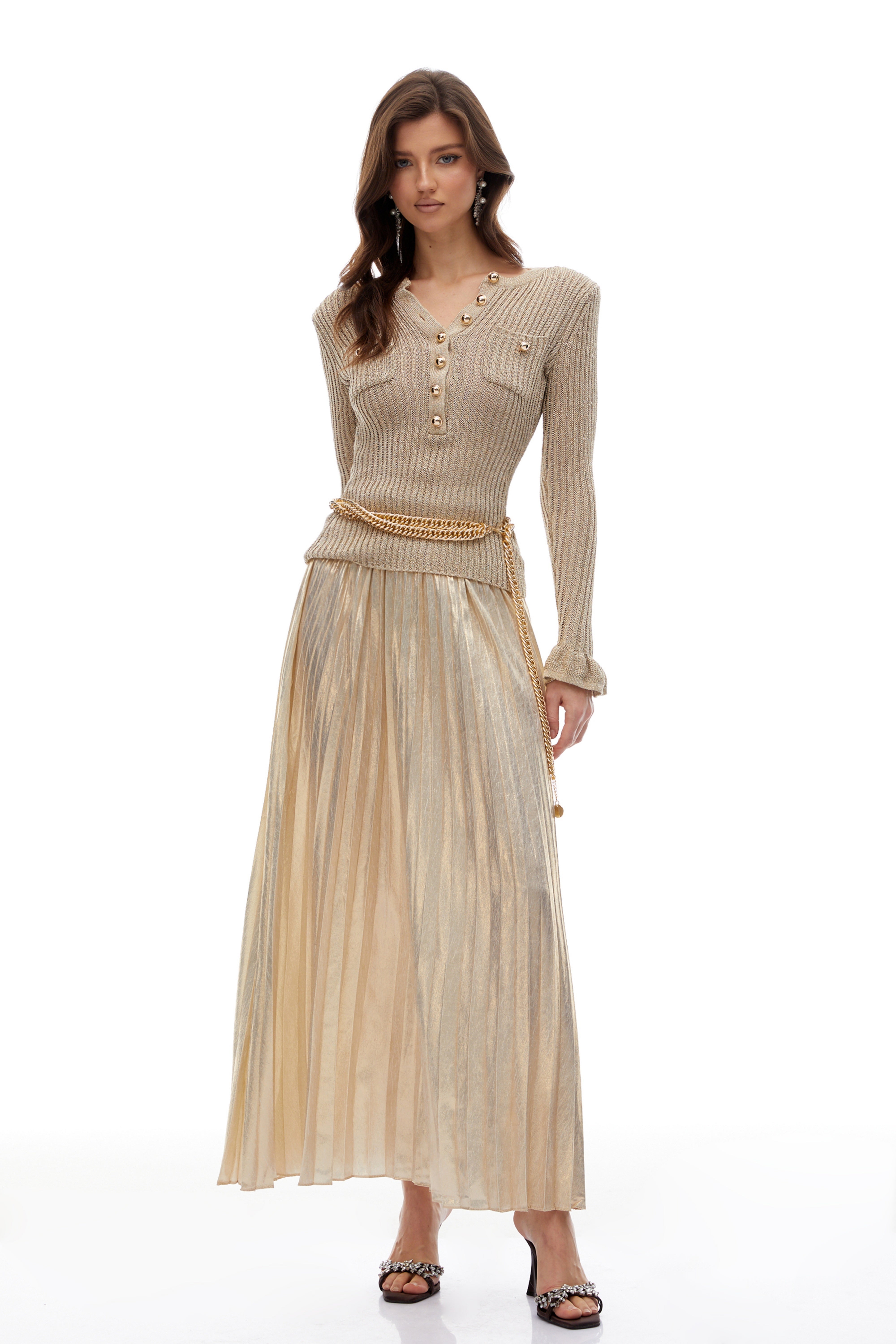 Gold Lurex Ribbed-knit Plissé Maxi Dress