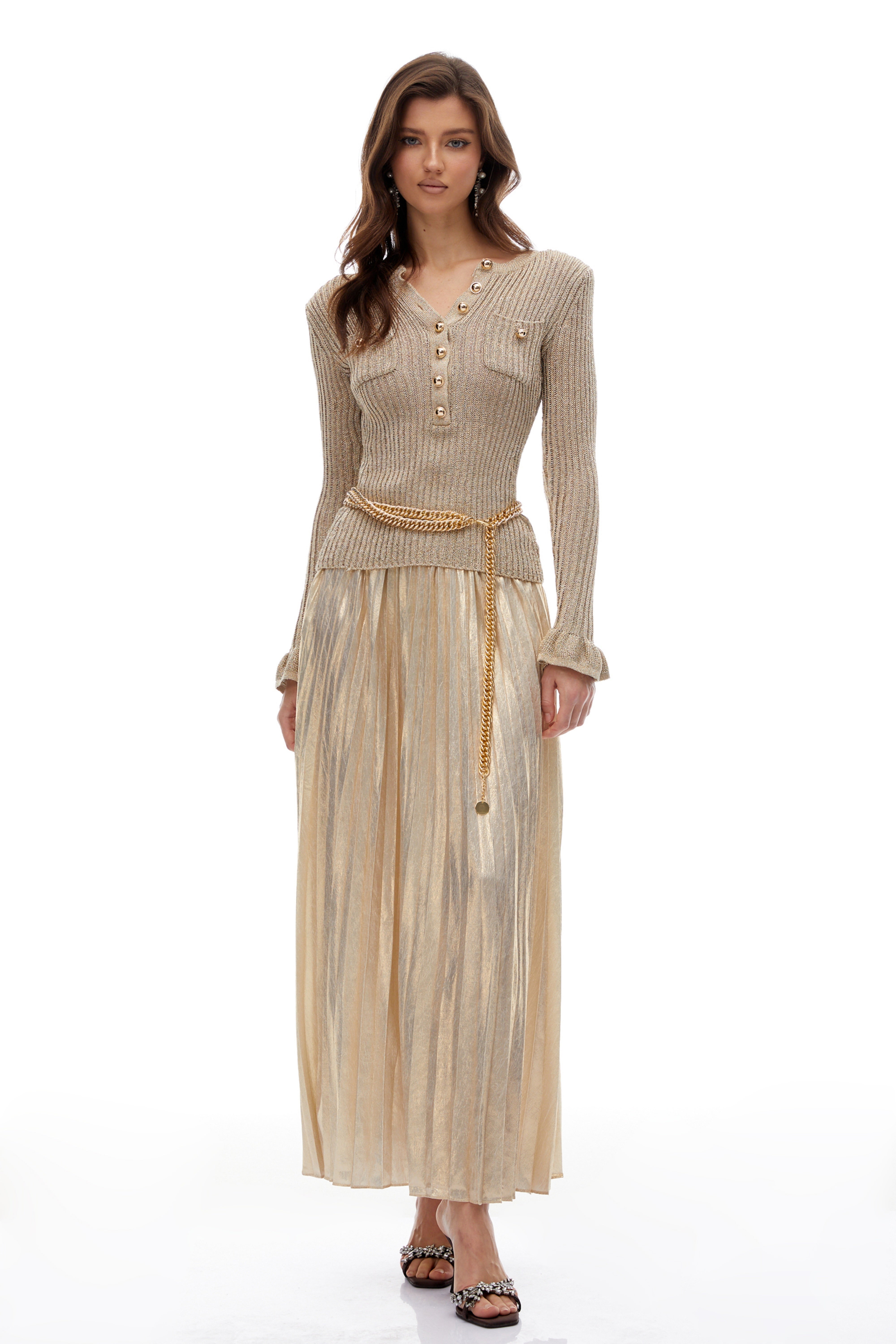 Gold Lurex Ribbed-knit Plissé Maxi Dress