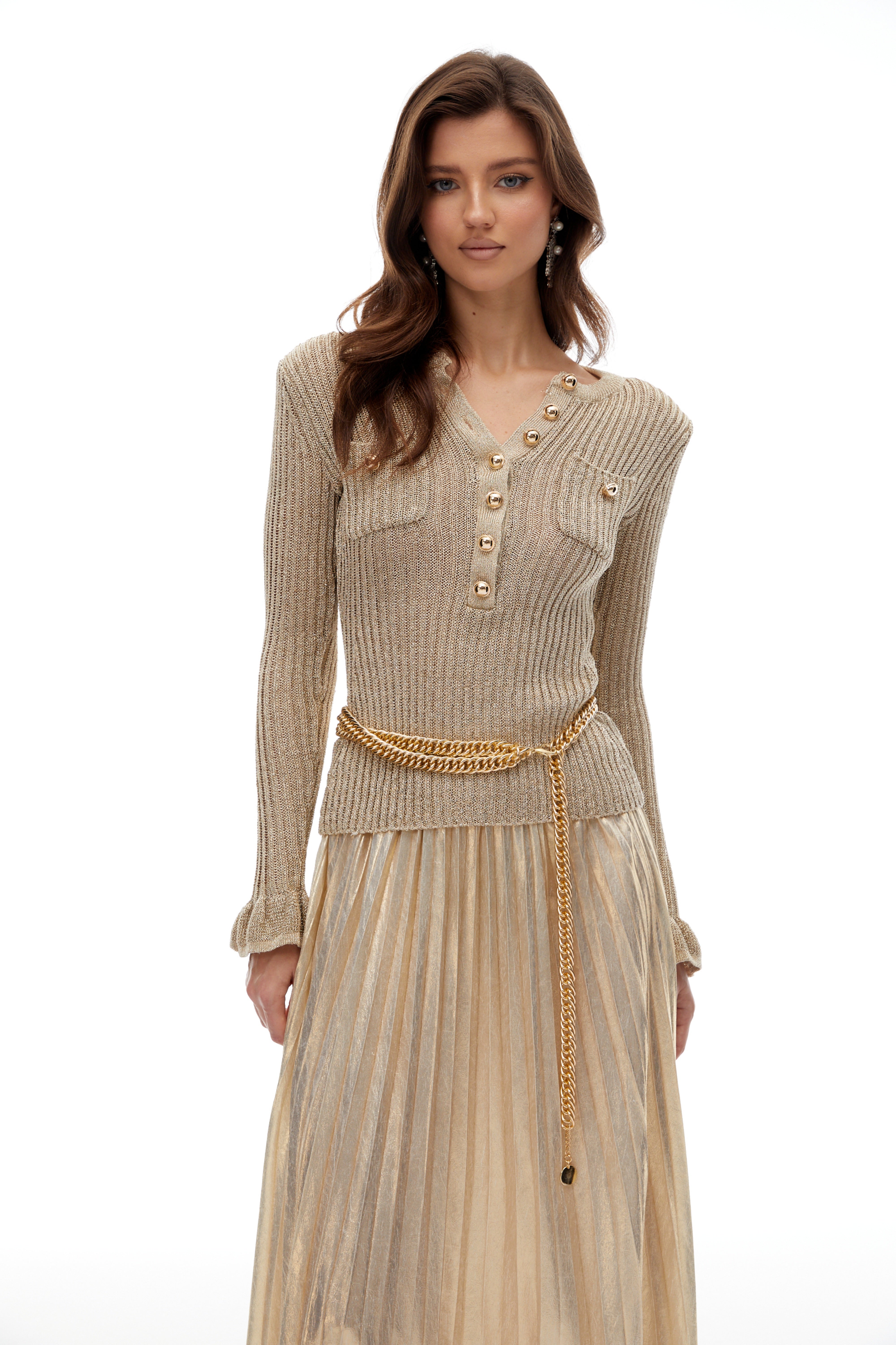 Gold Lurex Ribbed-knit Plissé Maxi Dress