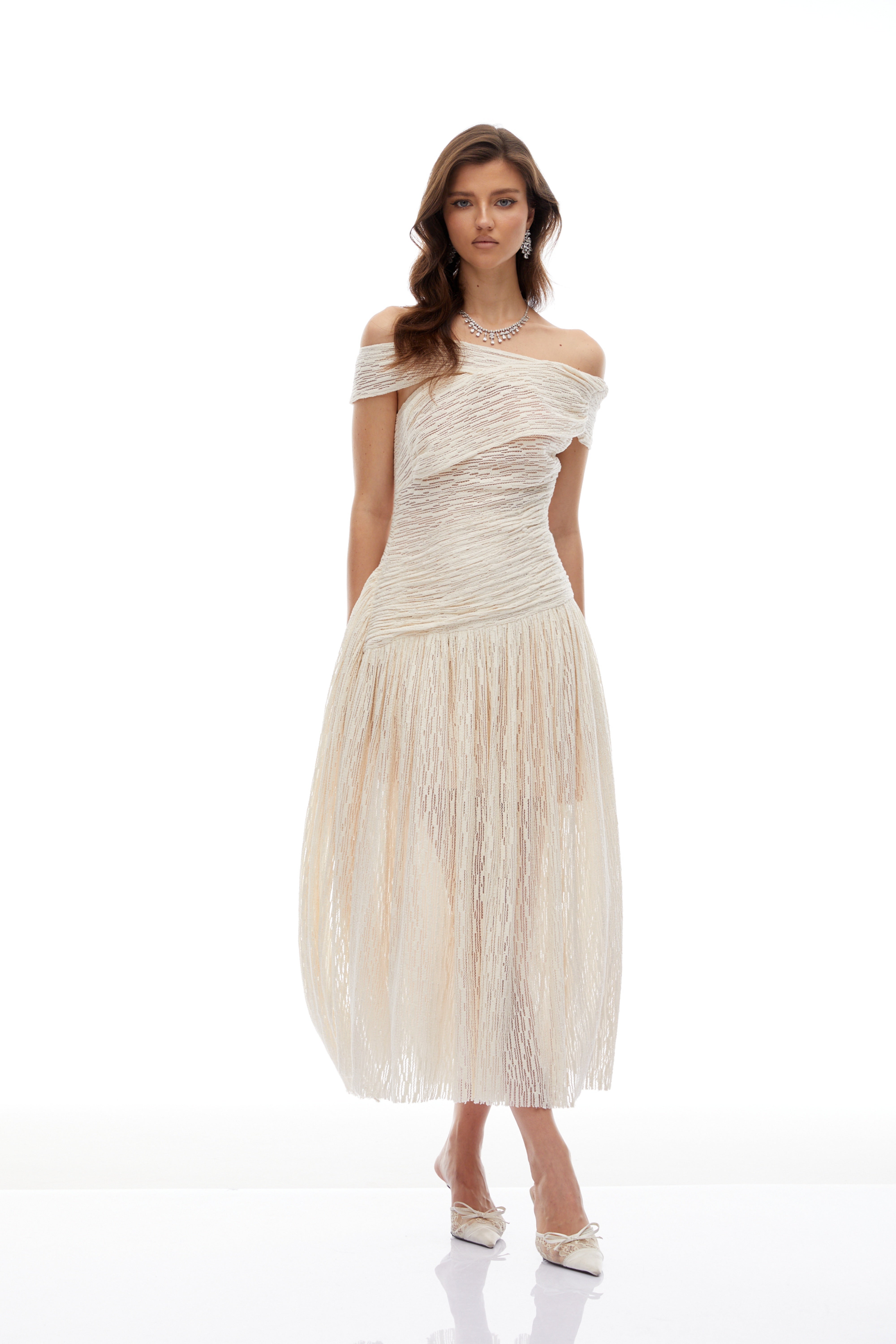 Asymmetrical Textured Ruched Midi Dress