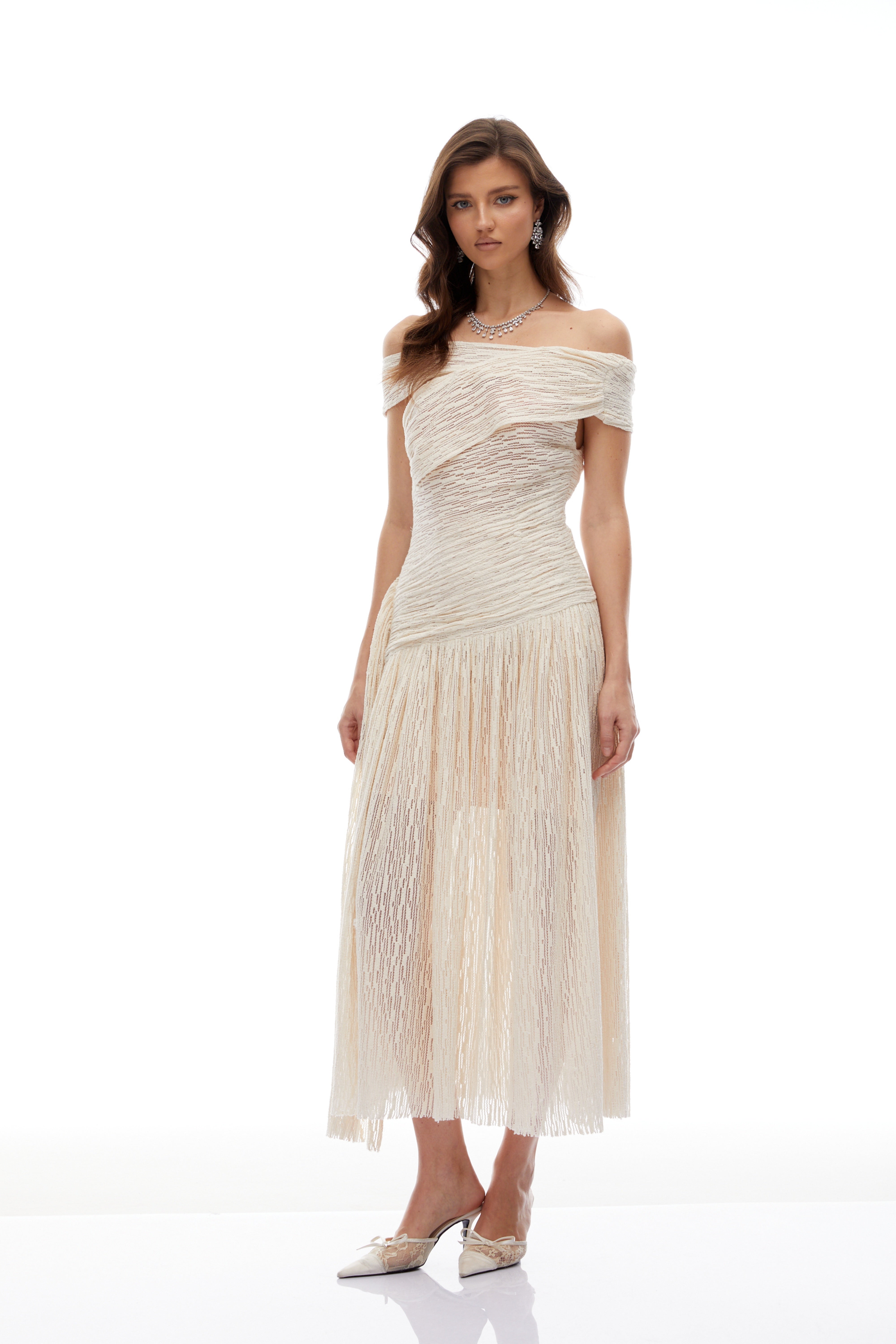 Asymmetrical Textured Ruched Midi Dress