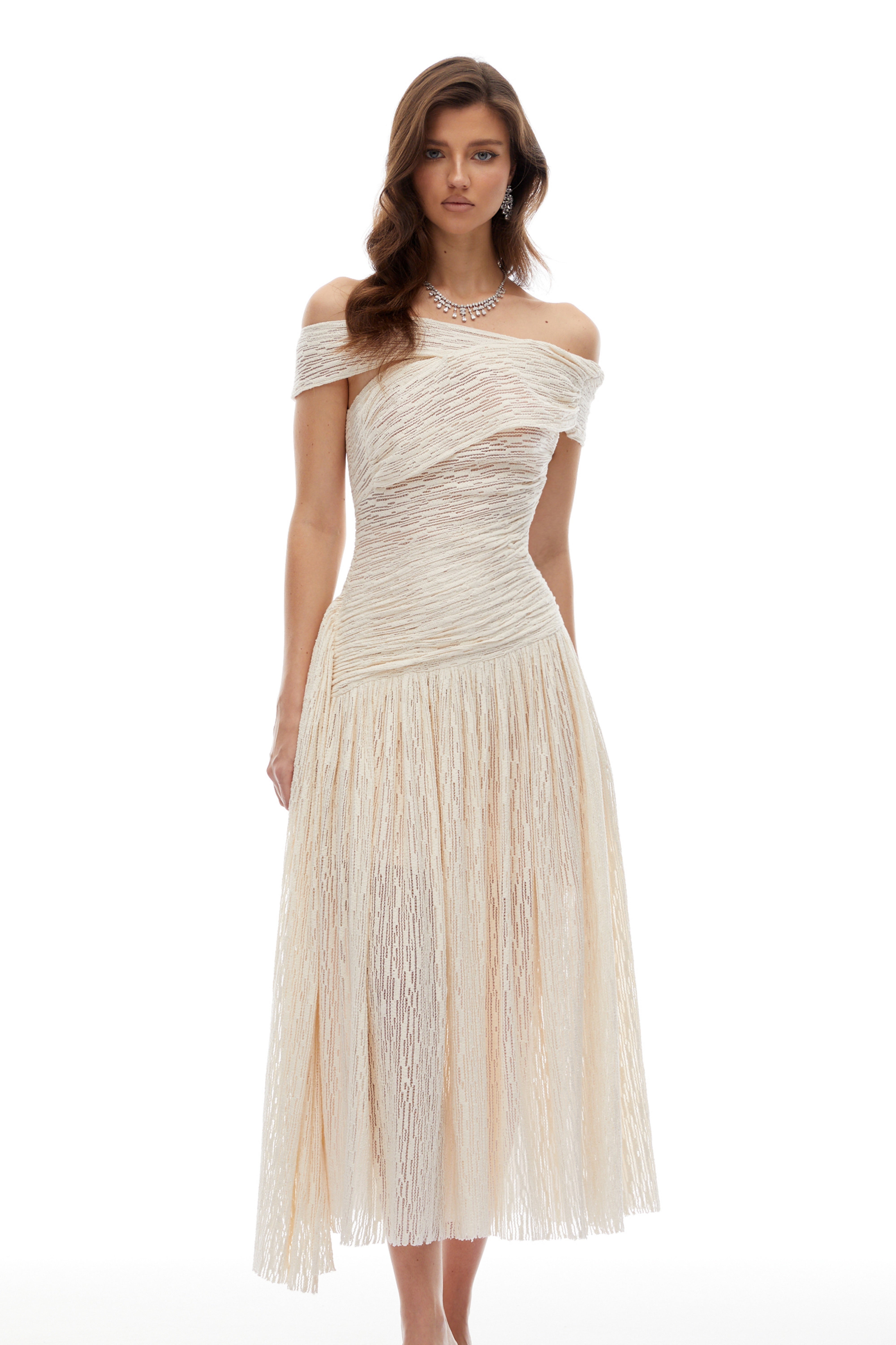 Asymmetrical Textured Ruched Midi Dress