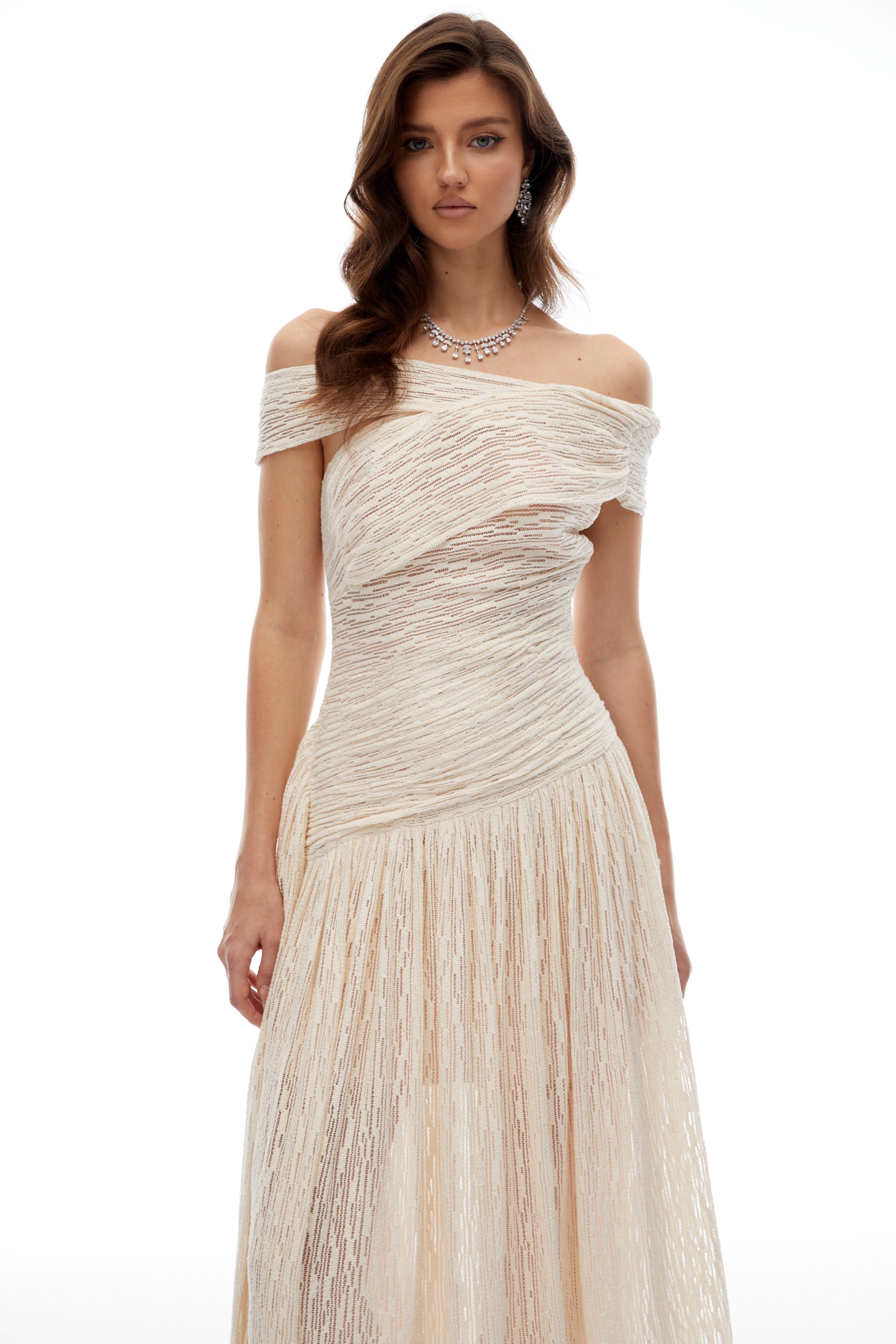 Asymmetrical Textured Ruched Midi Dress