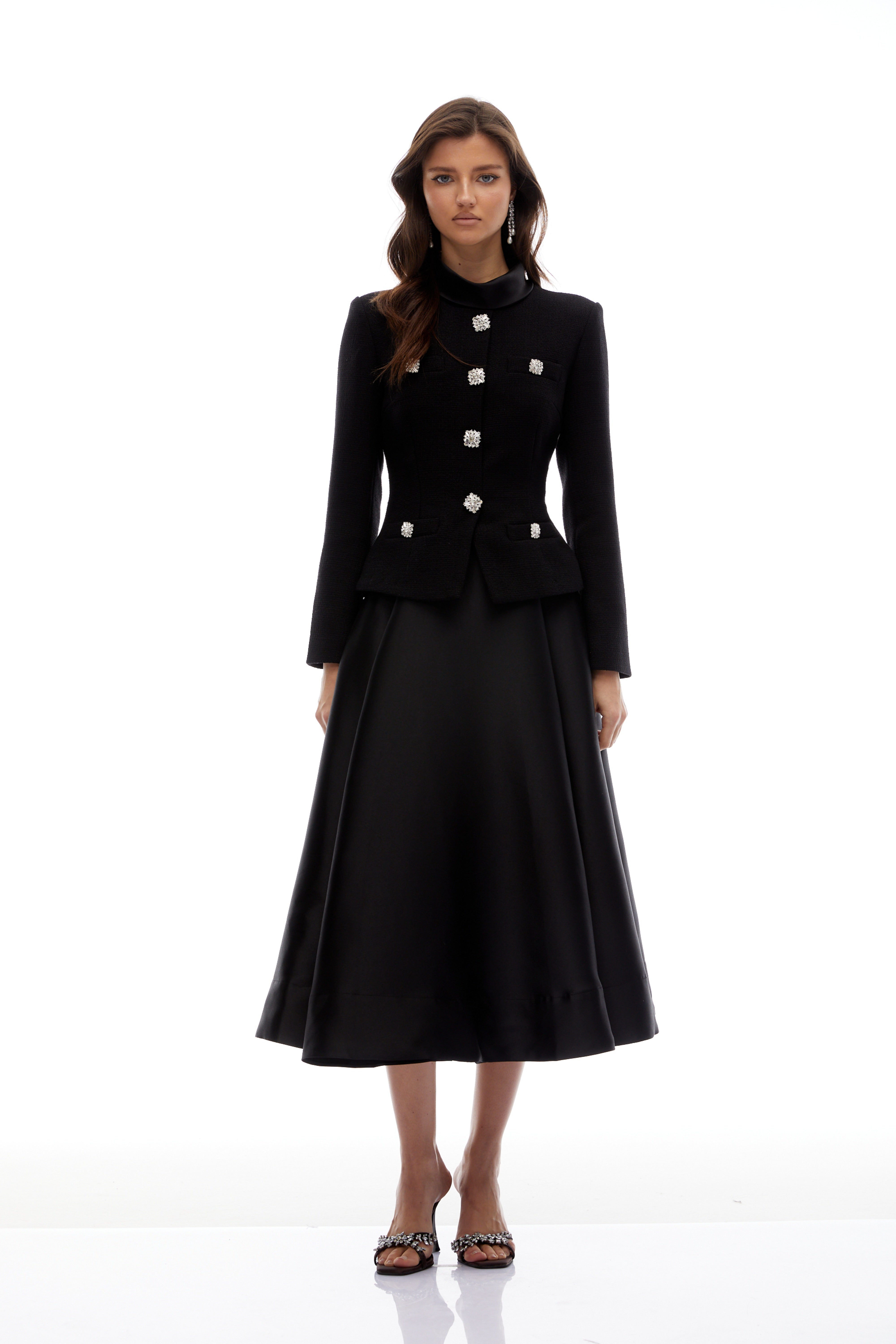 Black High Neck Tweed Midi Dress