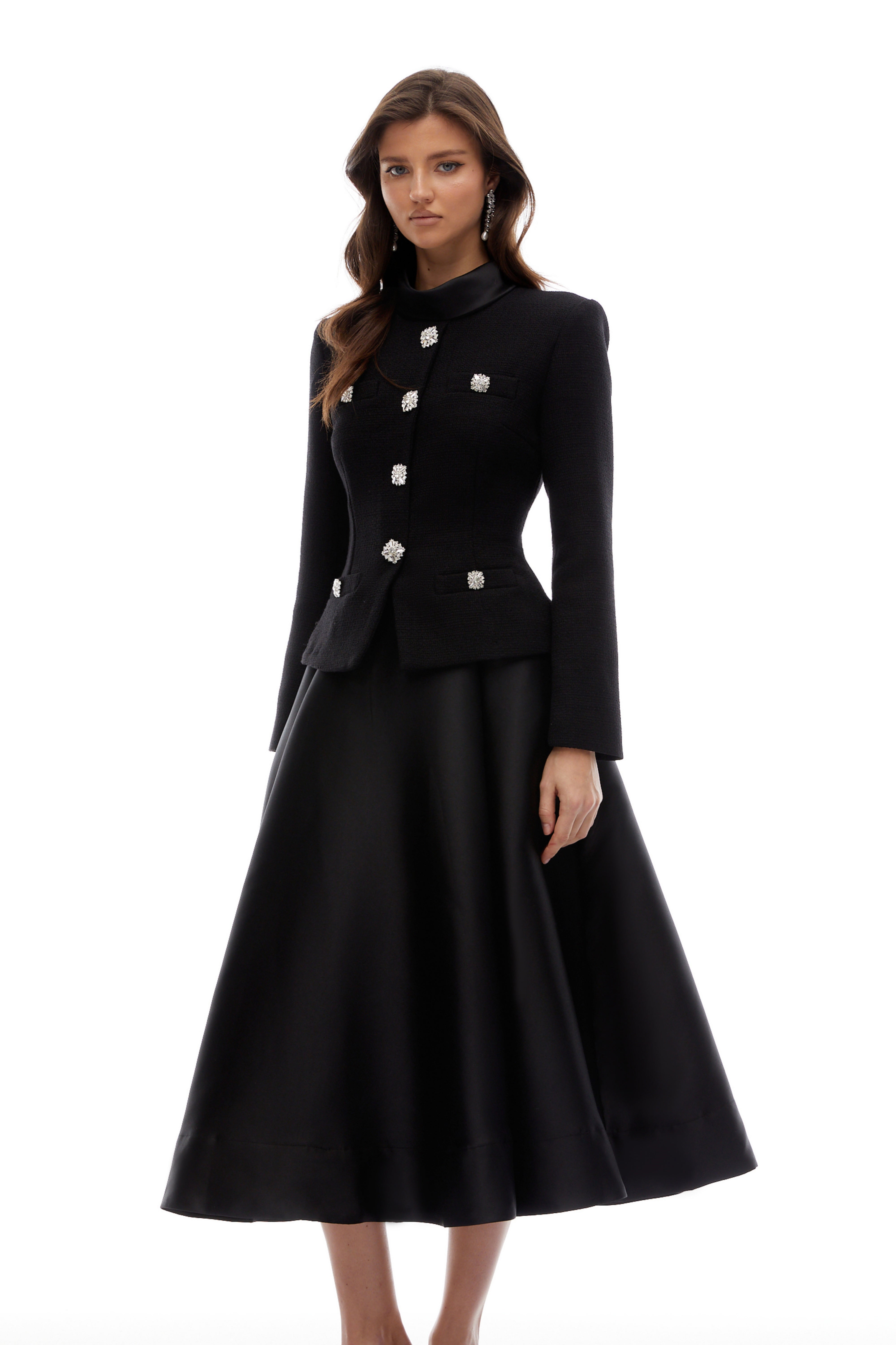 Black High Neck Tweed Midi Dress