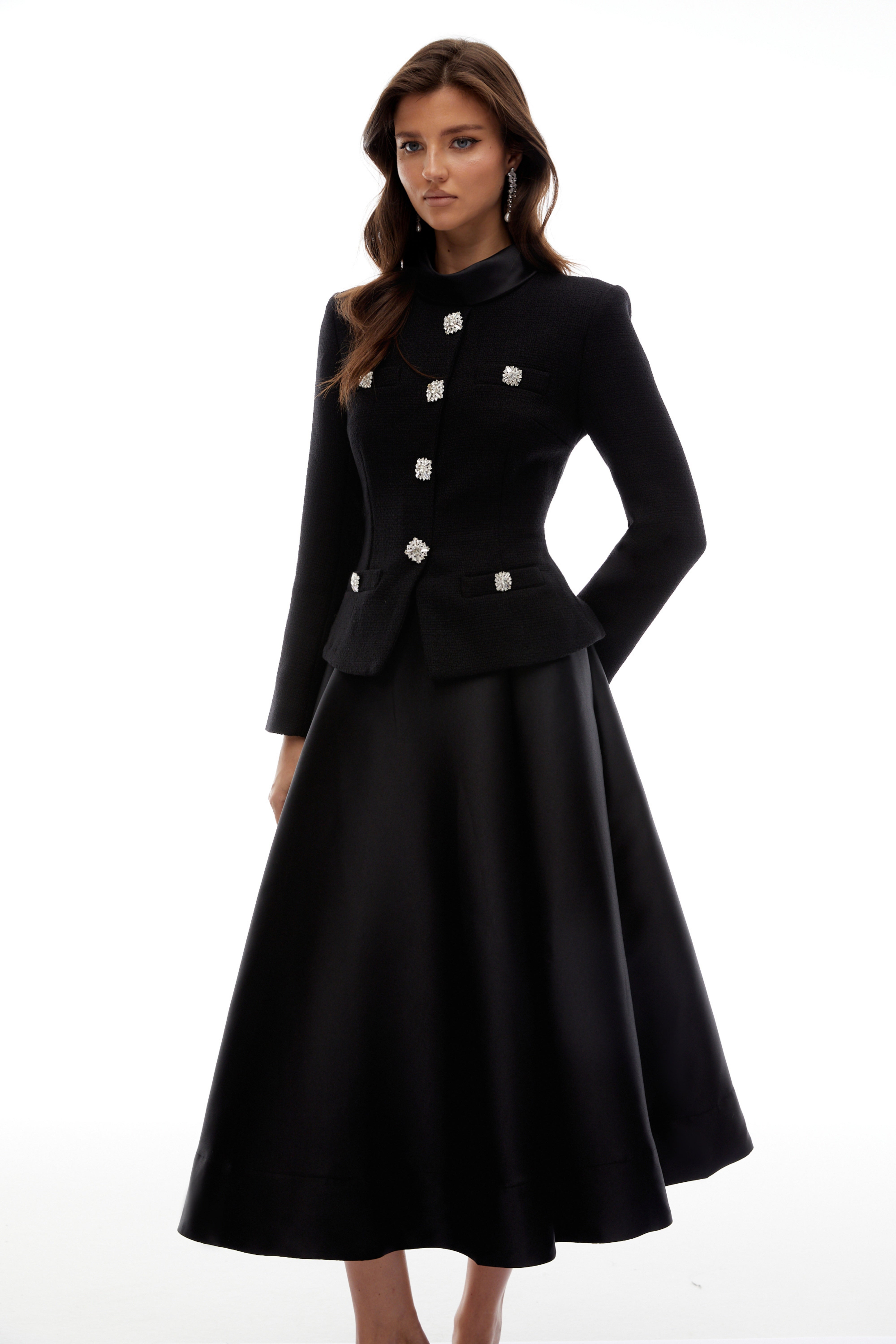 Black High Neck Tweed Midi Dress