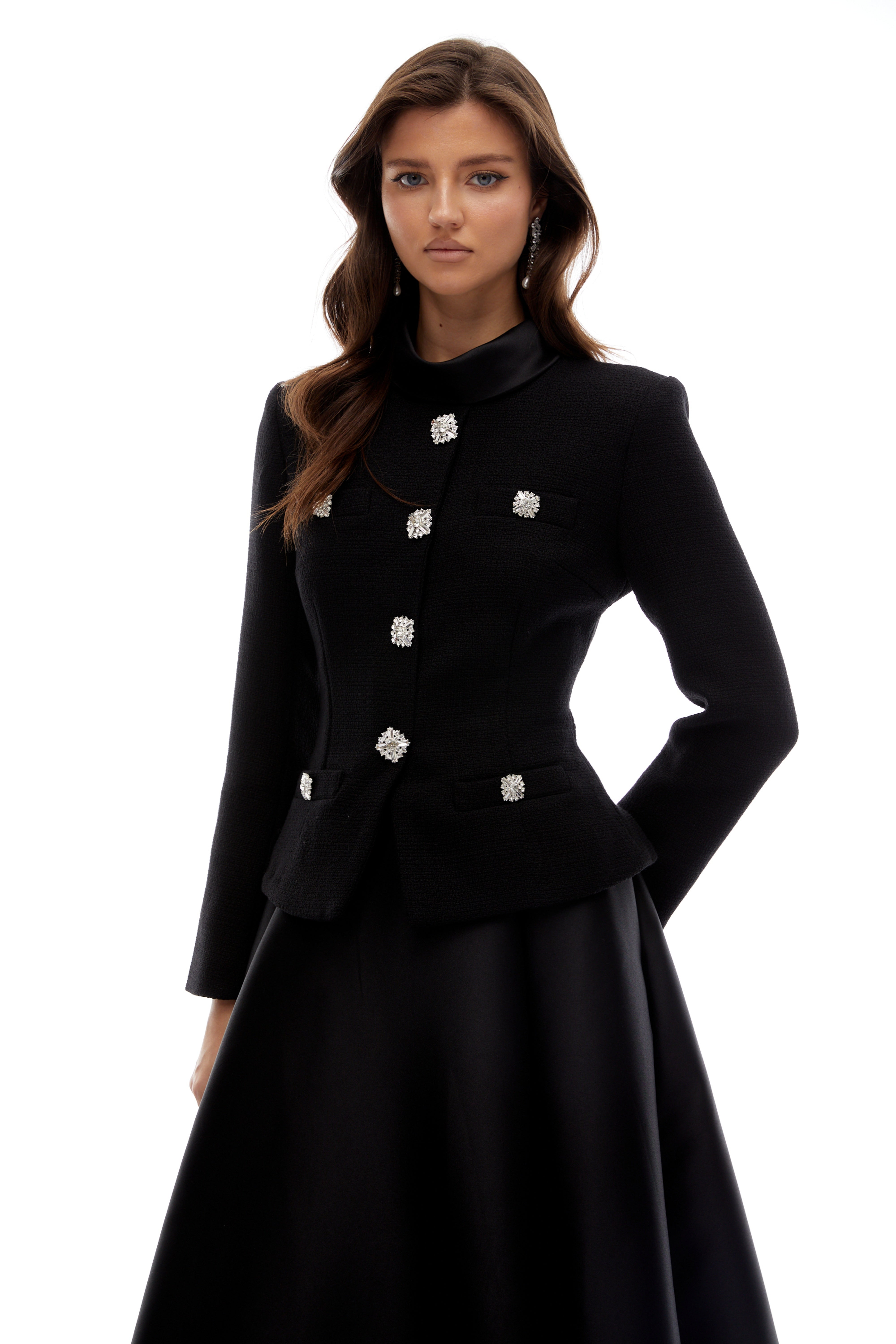 Black High Neck Tweed Midi Dress