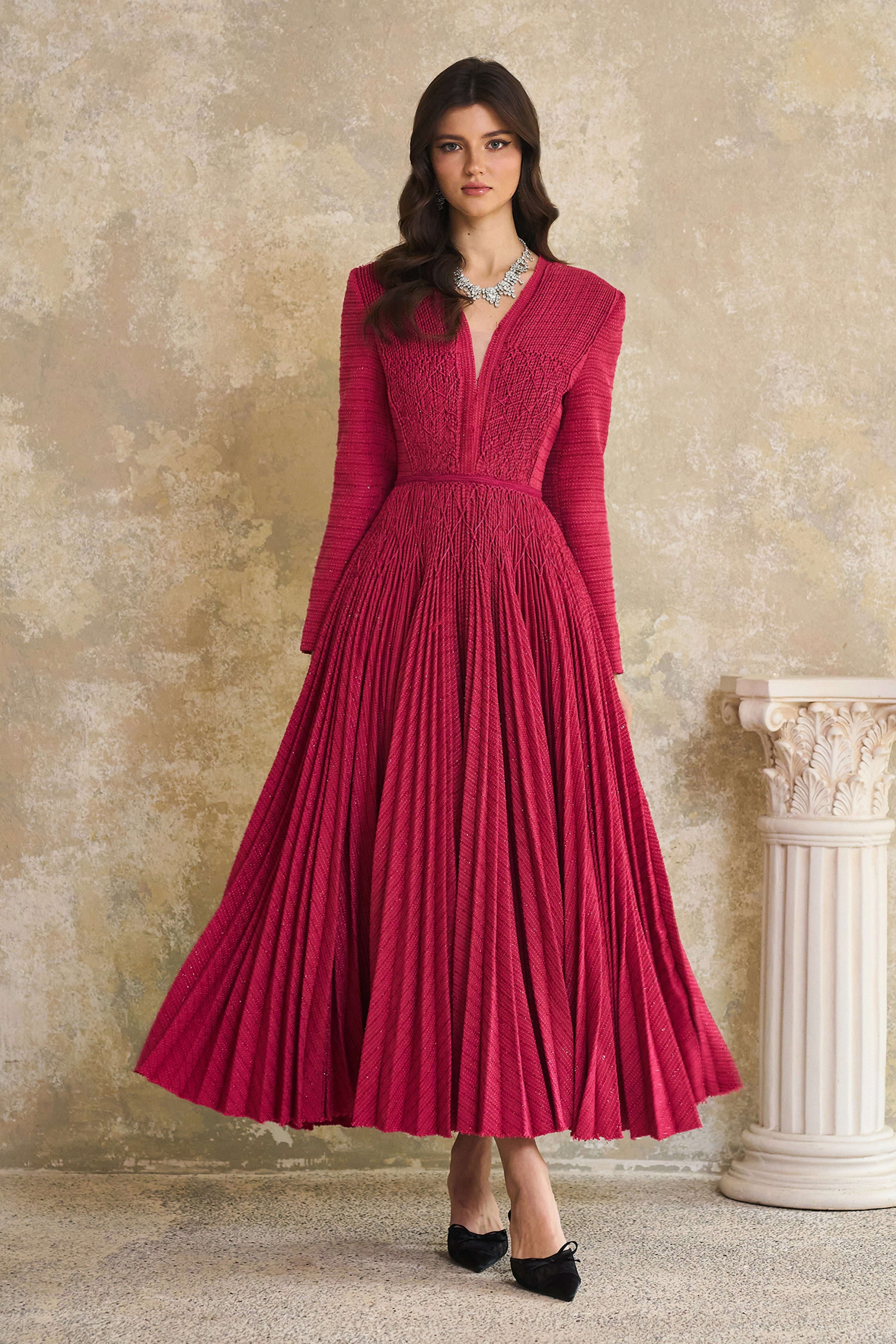 Red Braided Pleated Tweed Midi Dress