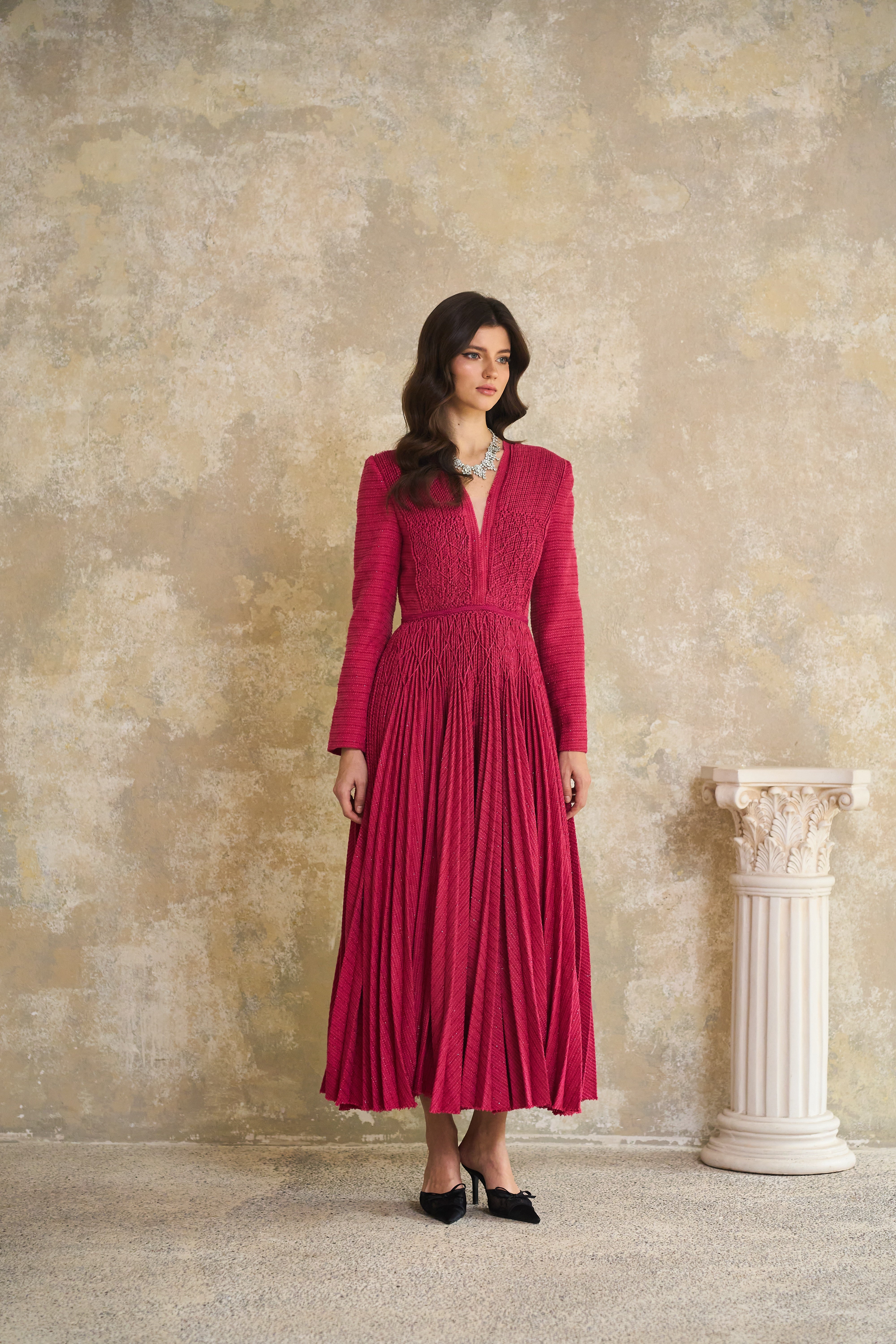 Red Braided Pleated Tweed Midi Dress