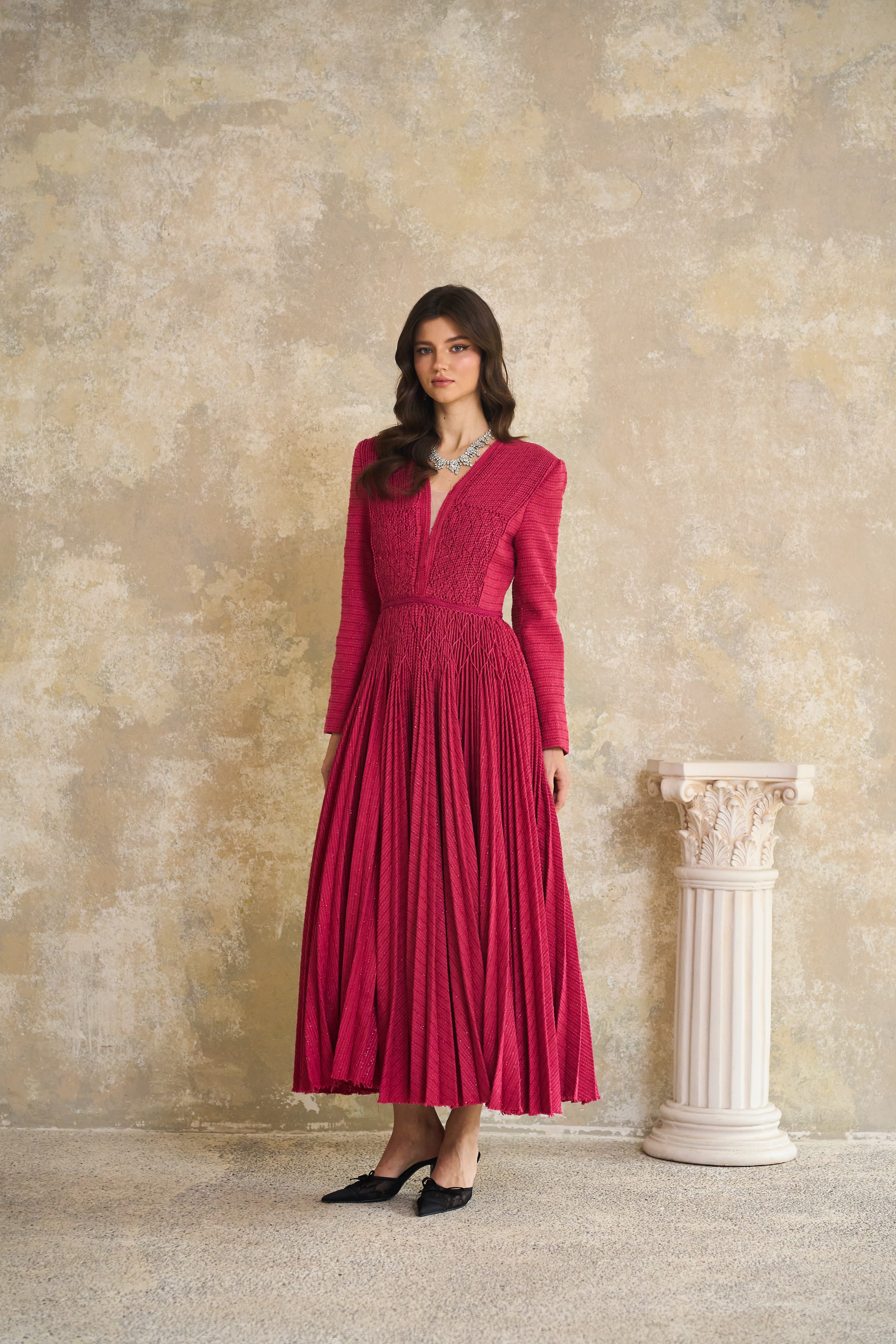 Red Braided Pleated Tweed Midi Dress