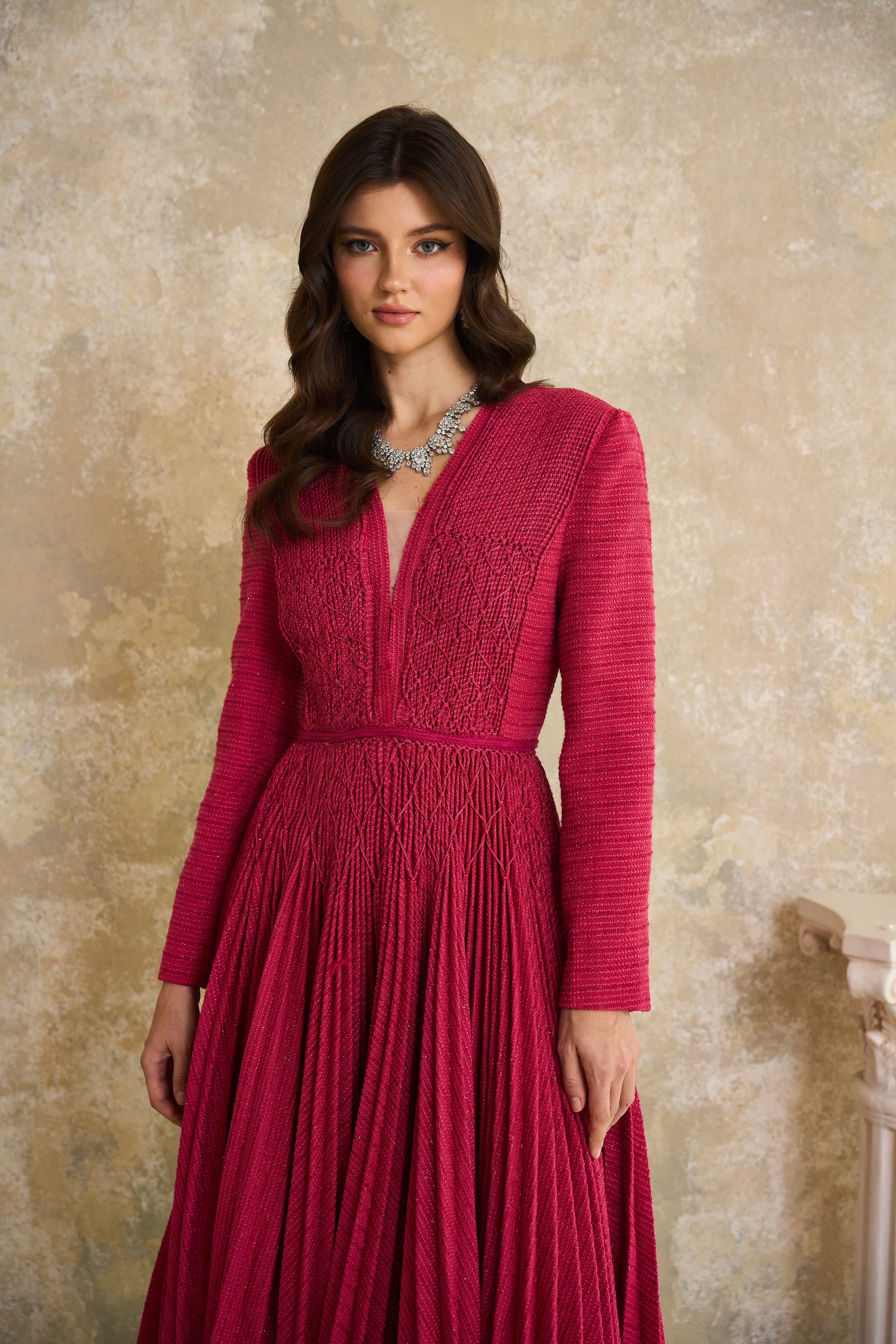 Red Braided Pleated Tweed Midi Dress