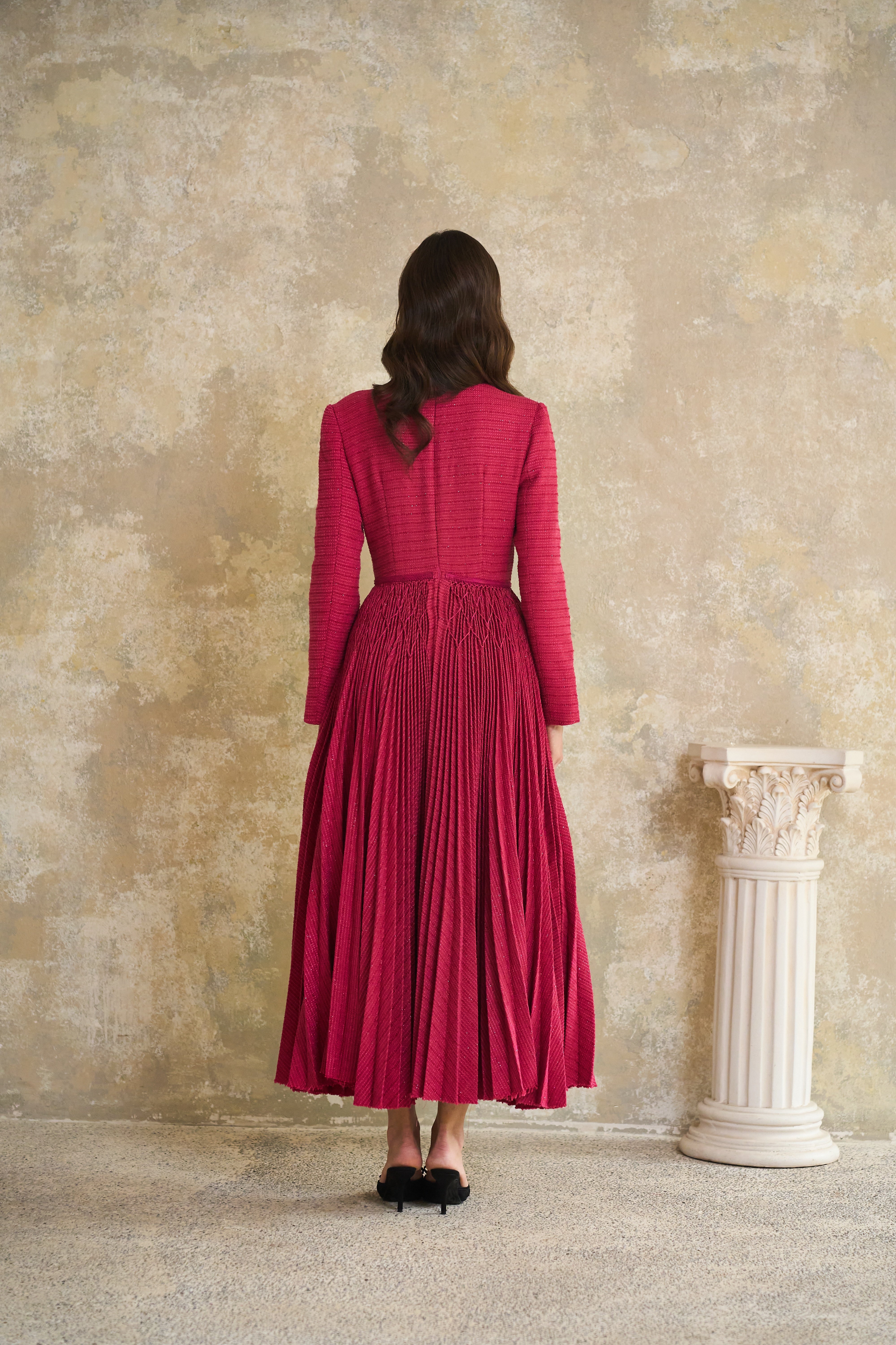 Red Braided Pleated Tweed Midi Dress