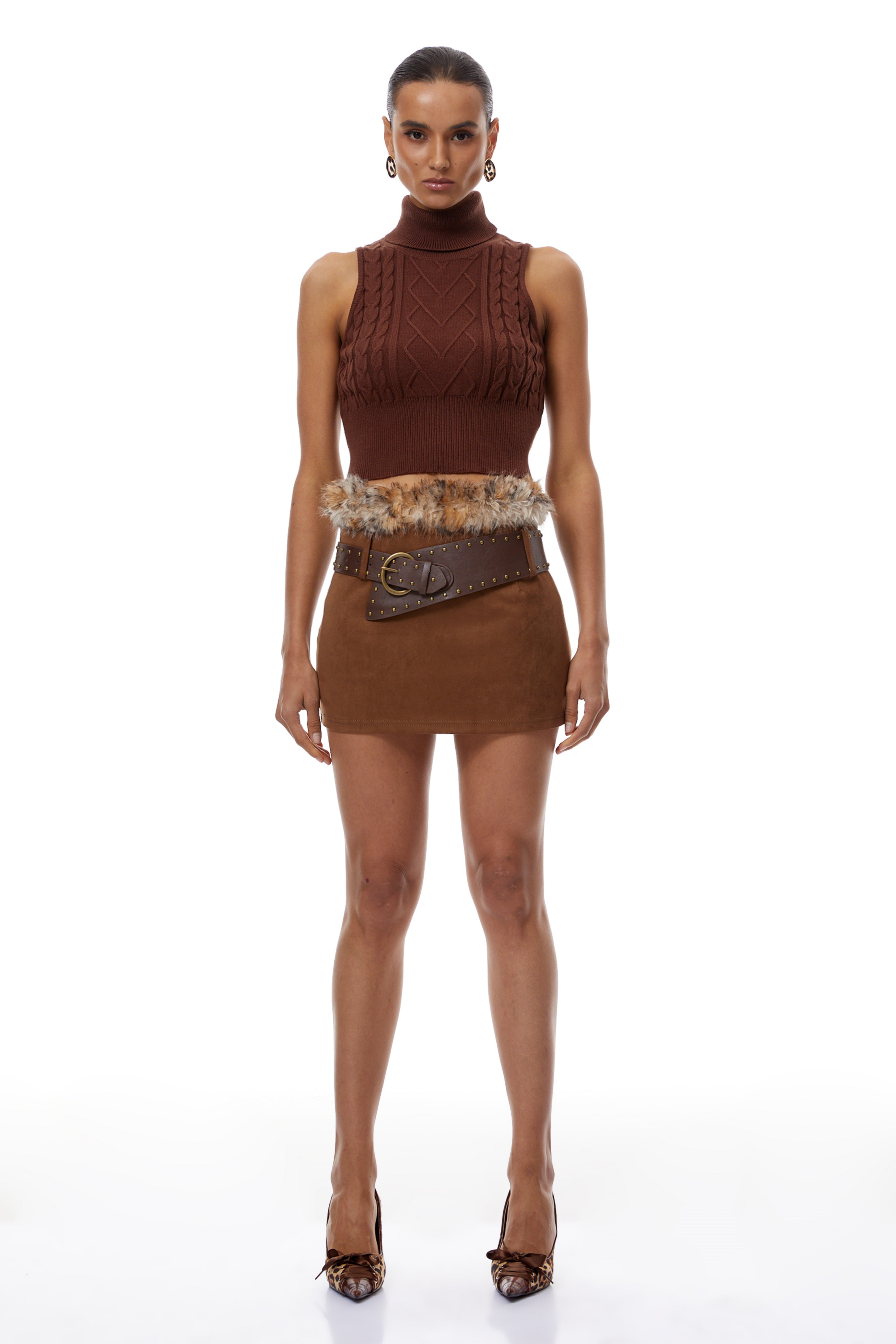 Daria Brown Knit Vest & Suede Skirt Set – Miss Rosier - Women's