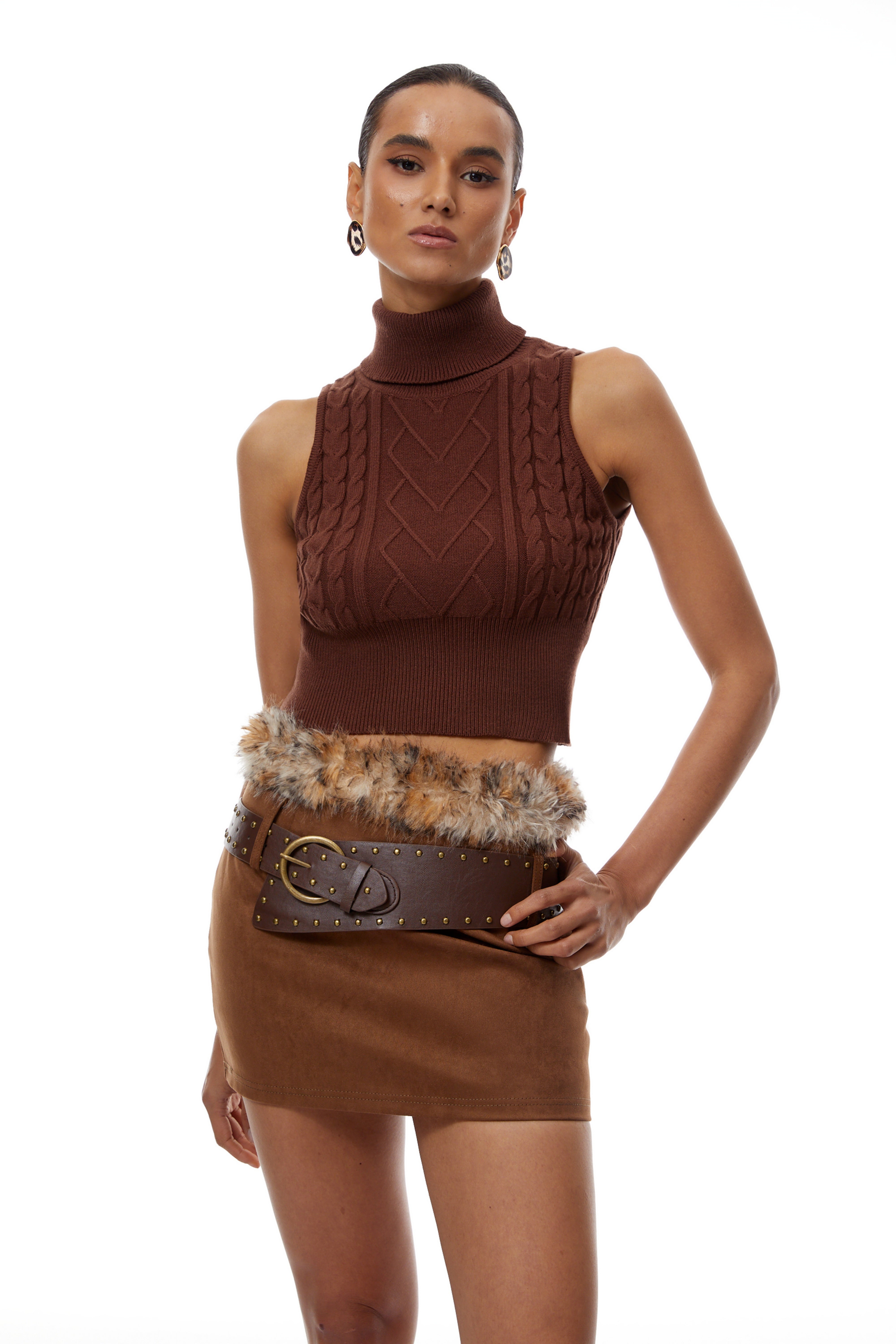 Daria Brown Knit Vest & Suede Skirt Set – Miss Rosier - Women's
