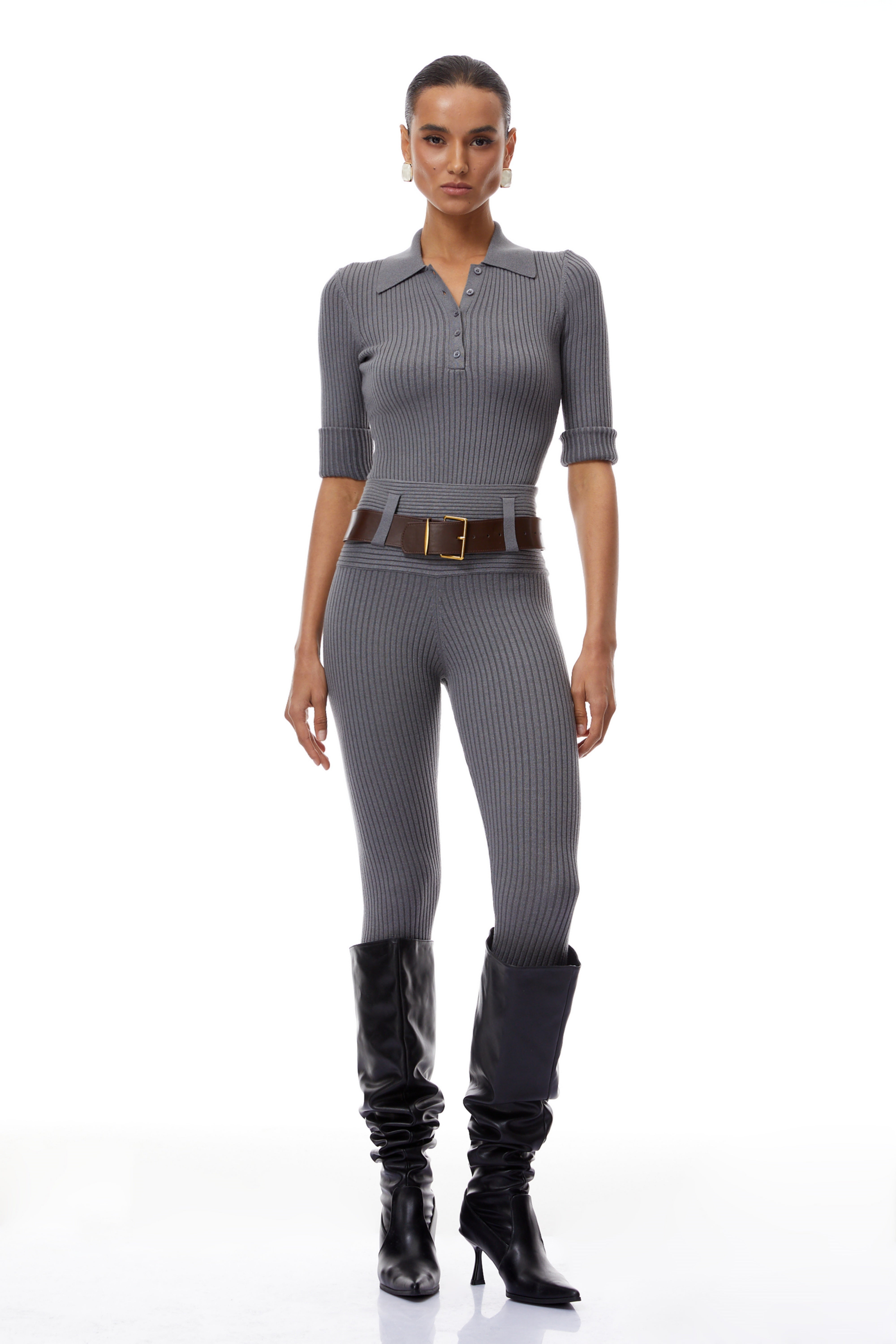 Grey Ribbed Knit Bodysuit & Trousers Set