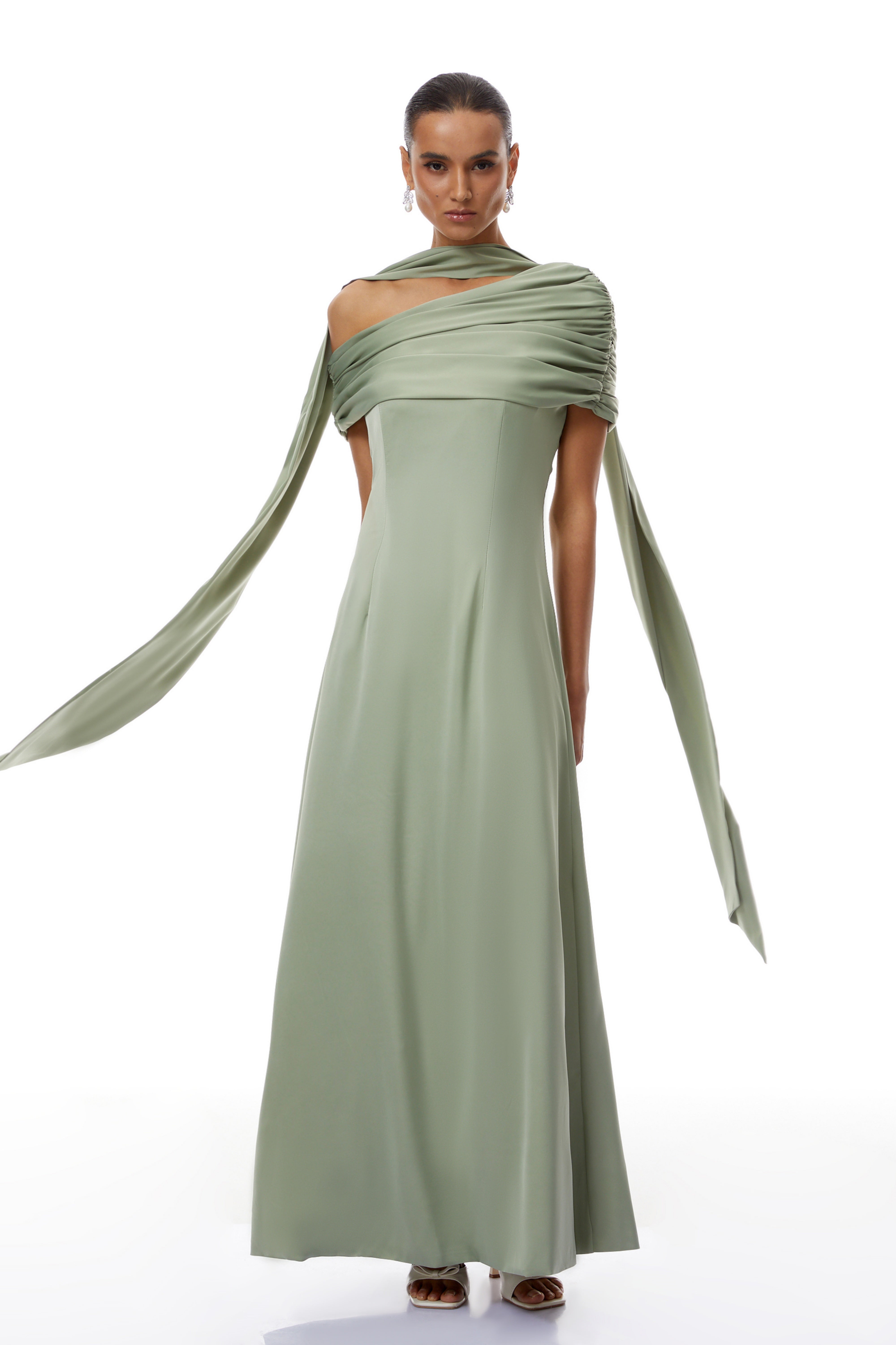 Green One Shoulder Satin Maxi Dress