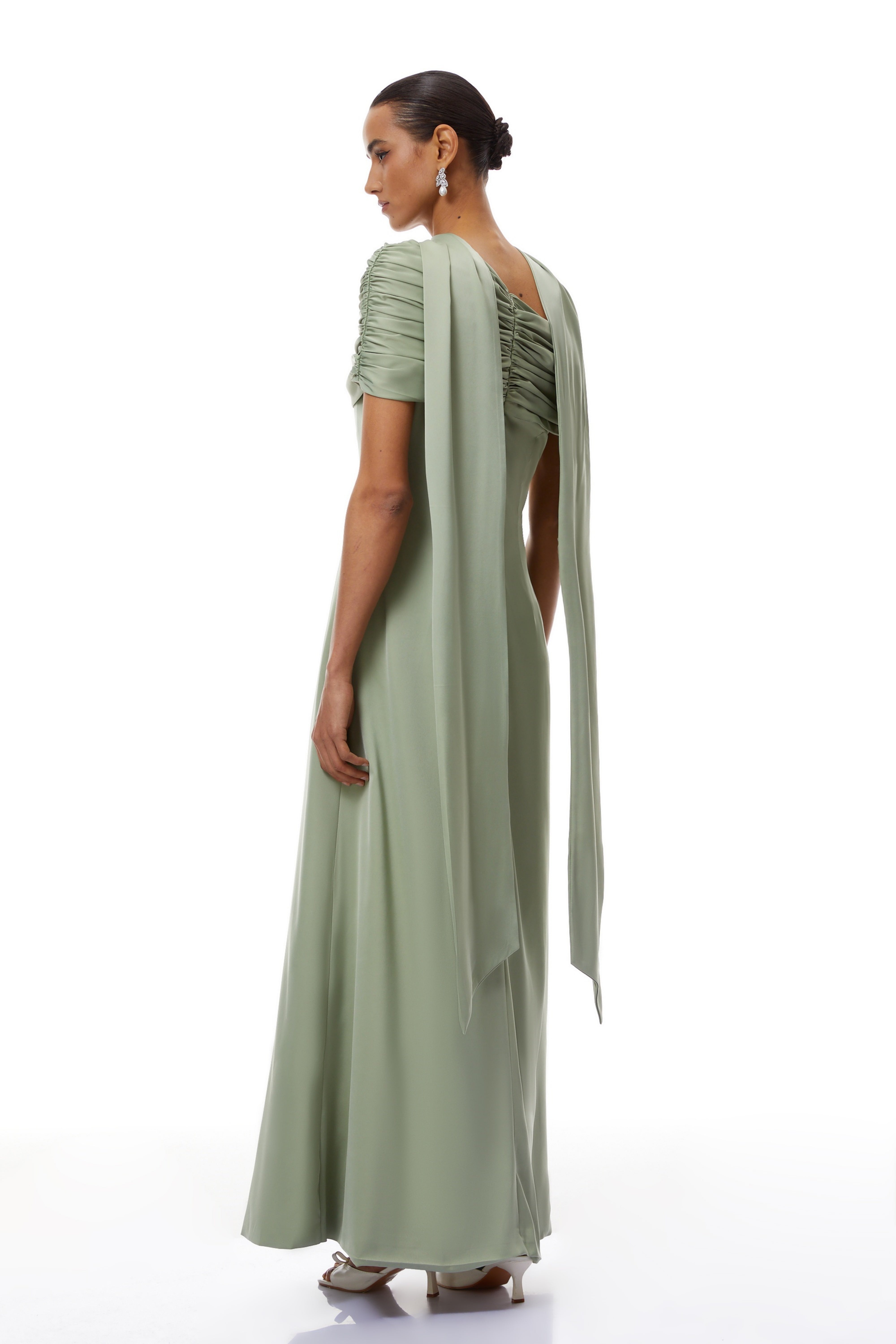 Green One Shoulder Satin Maxi Dress