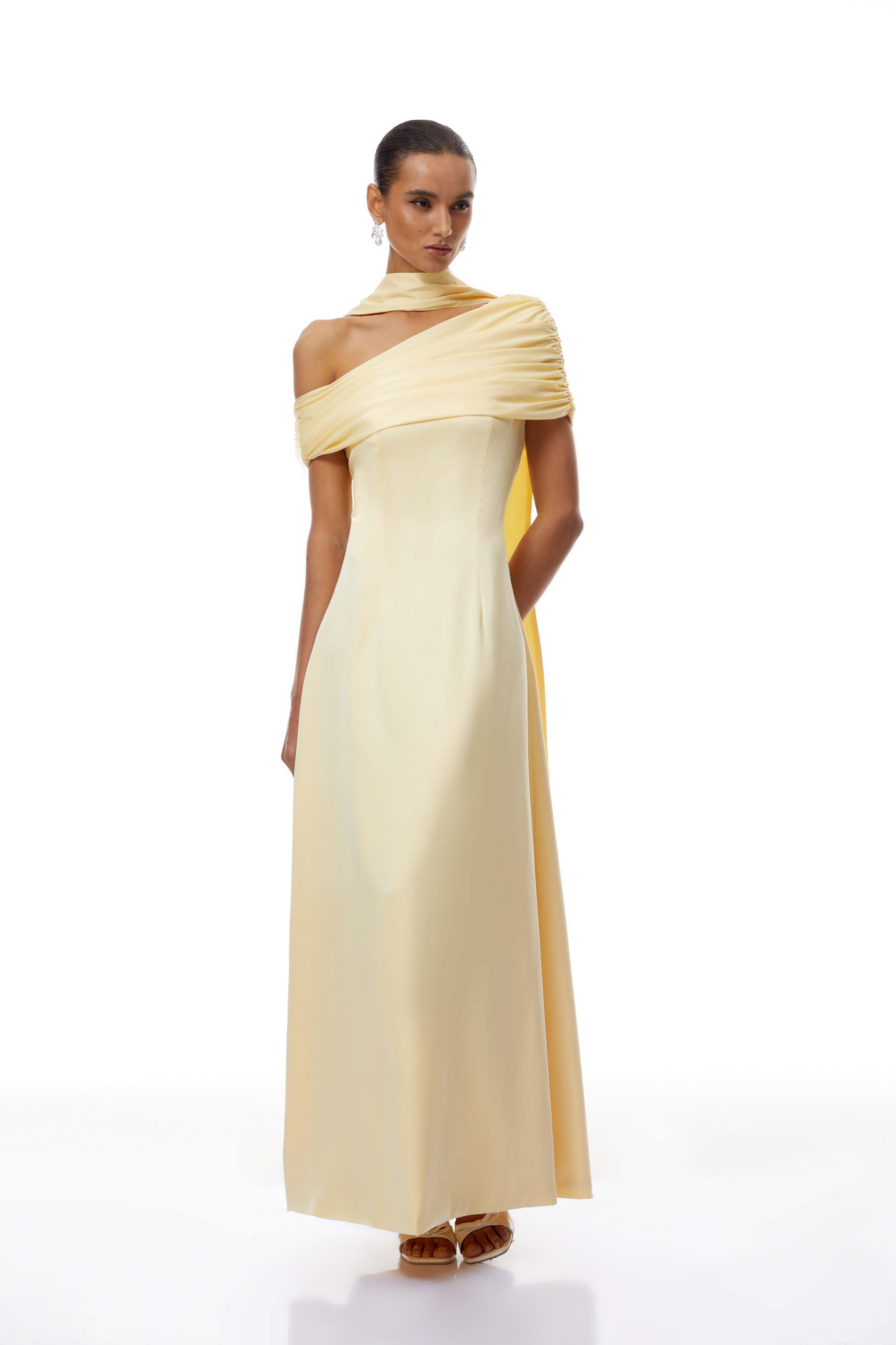 Yellow One Shoulder Satin Maxi Dress
