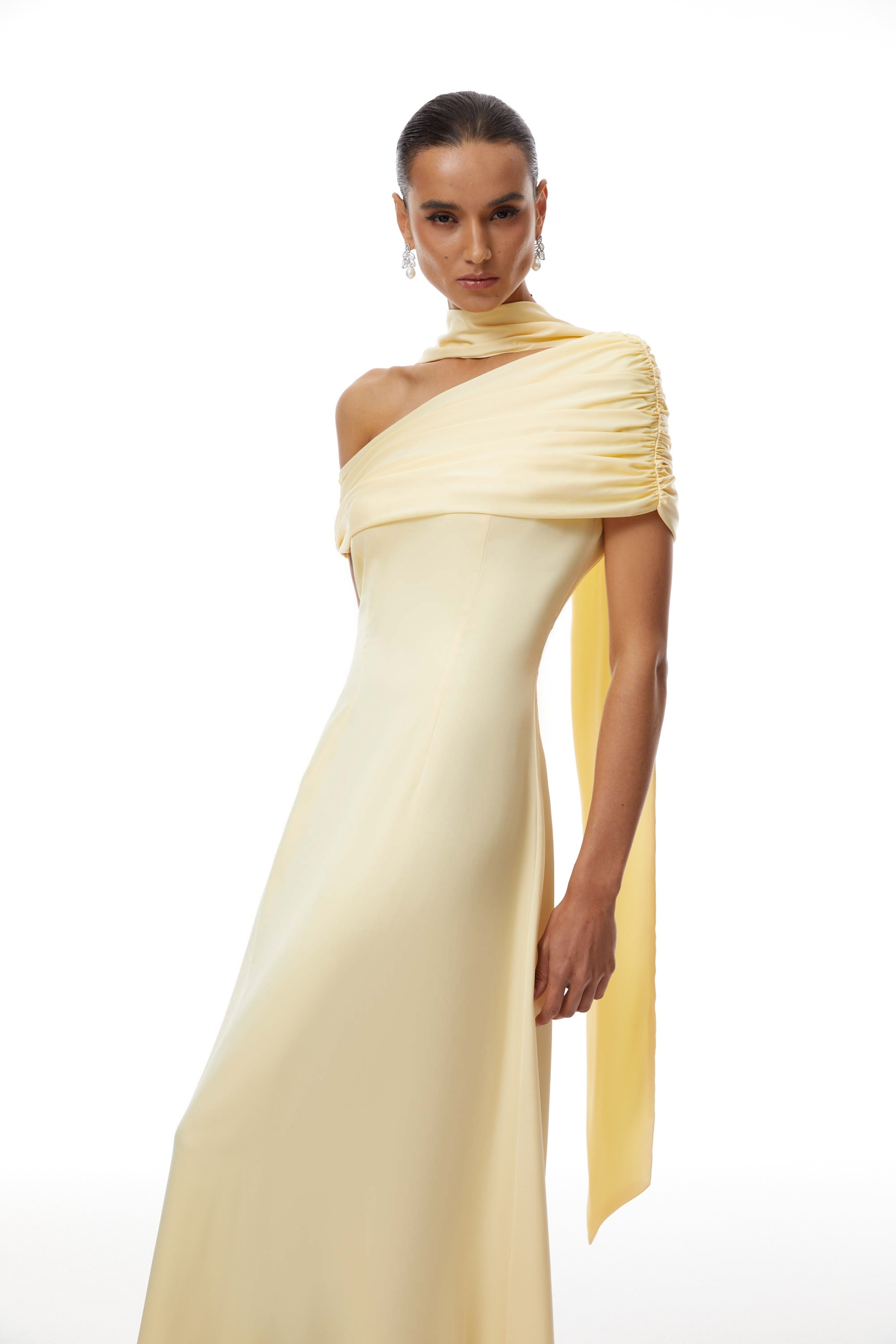 Yellow One Shoulder Satin Maxi Dress