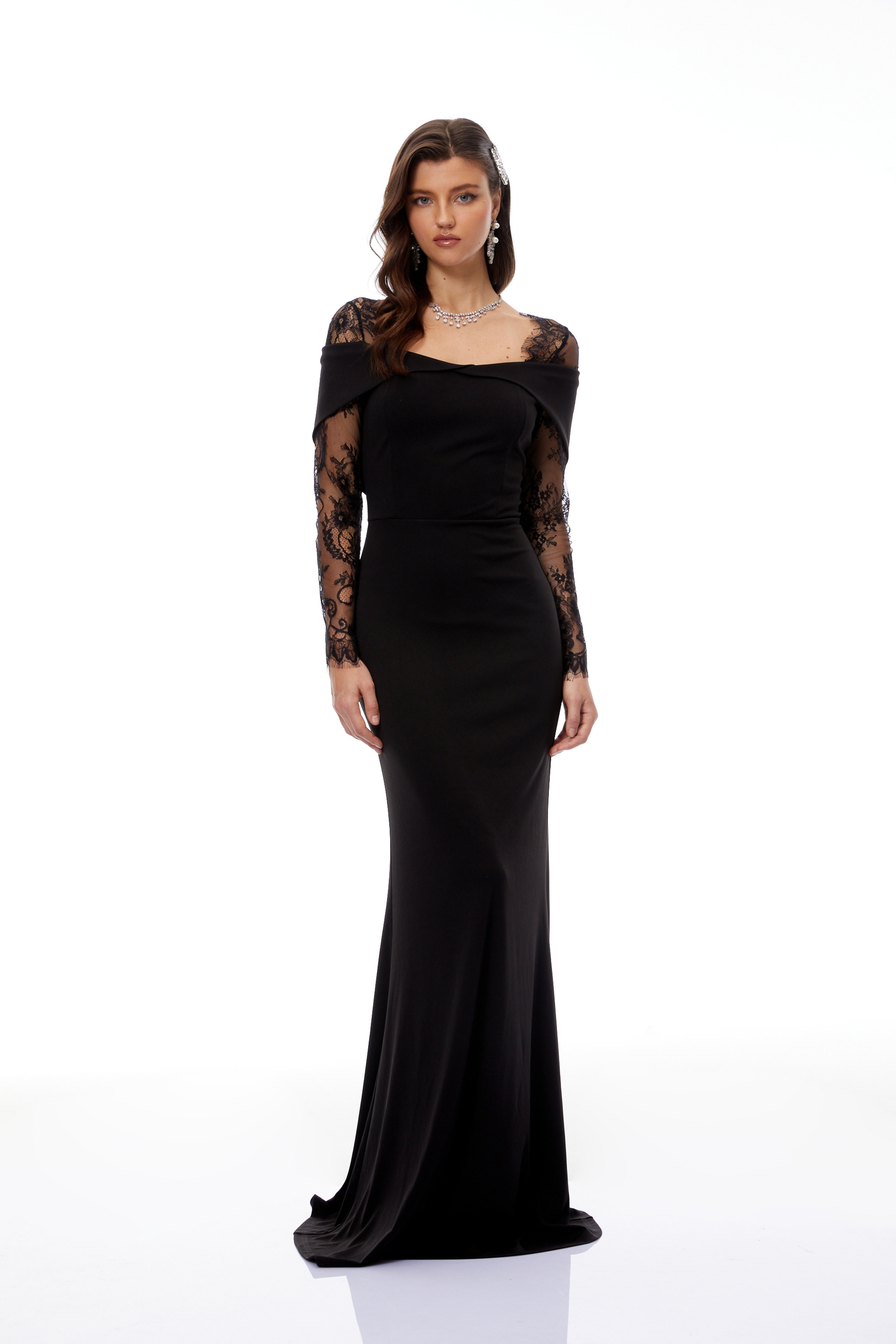 Black lace-sleeve off-the-shoulder maxi dress