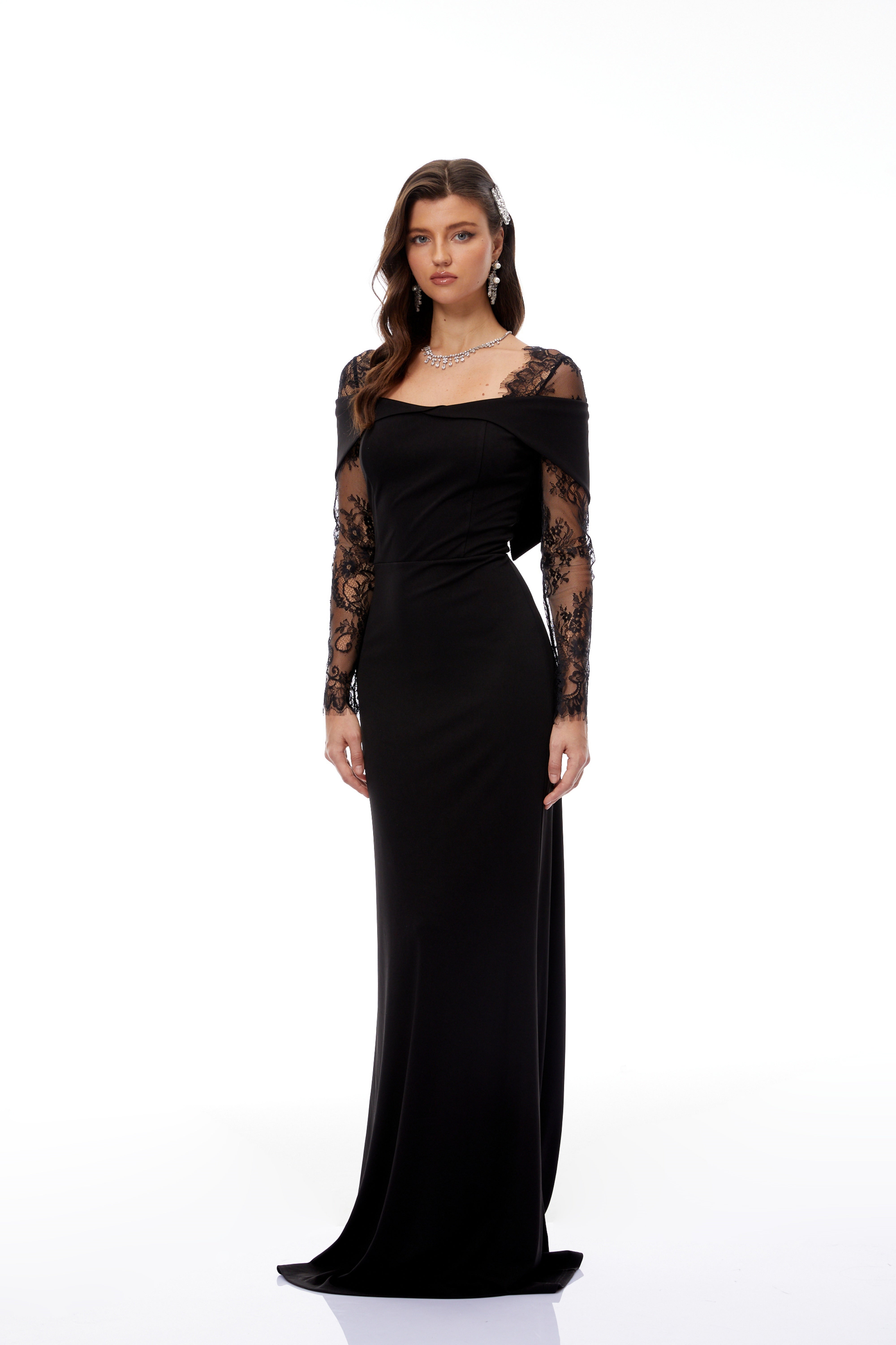 Black lace-sleeve off-the-shoulder maxi dress