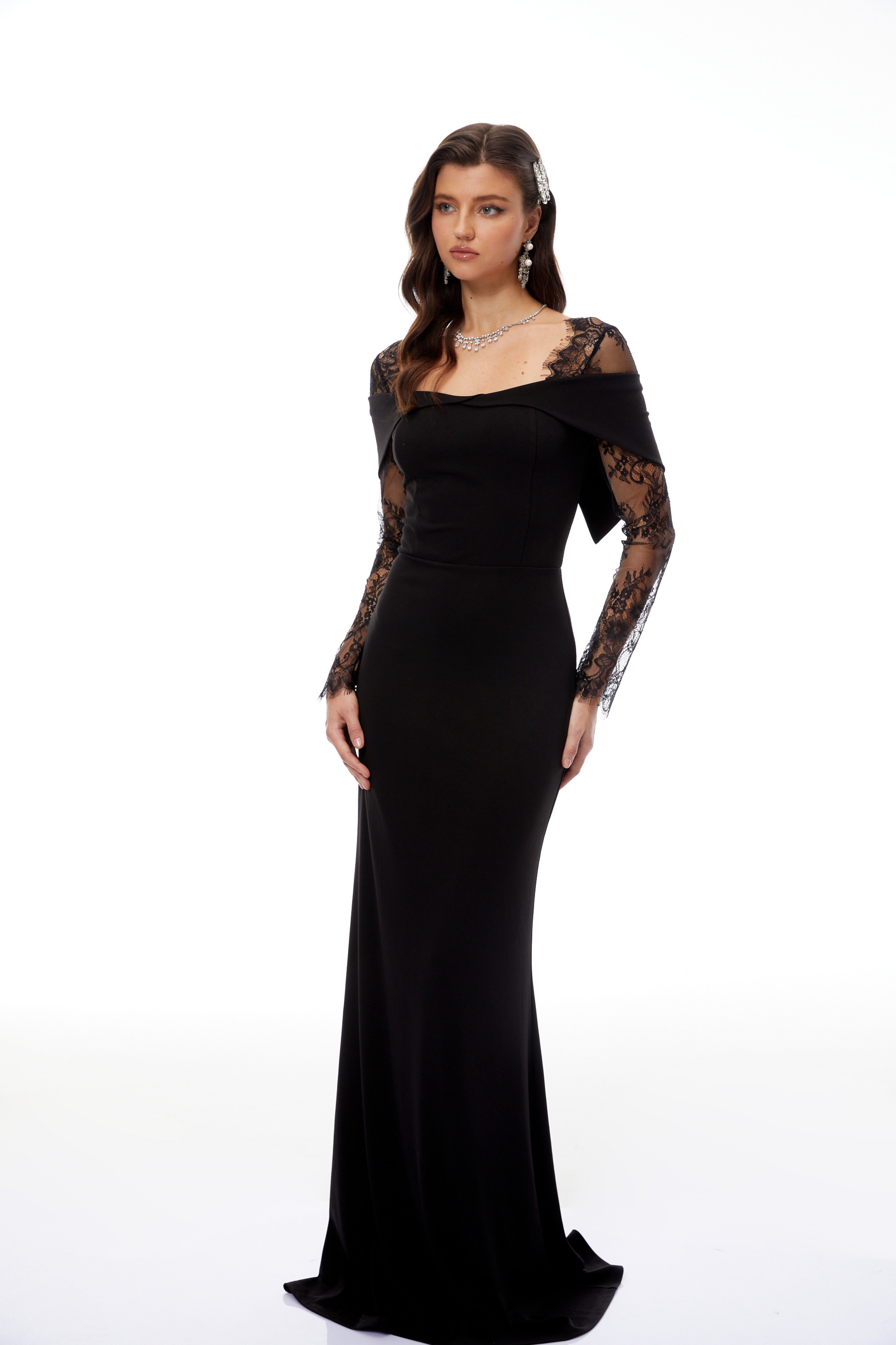 Black lace-sleeve off-the-shoulder maxi dress