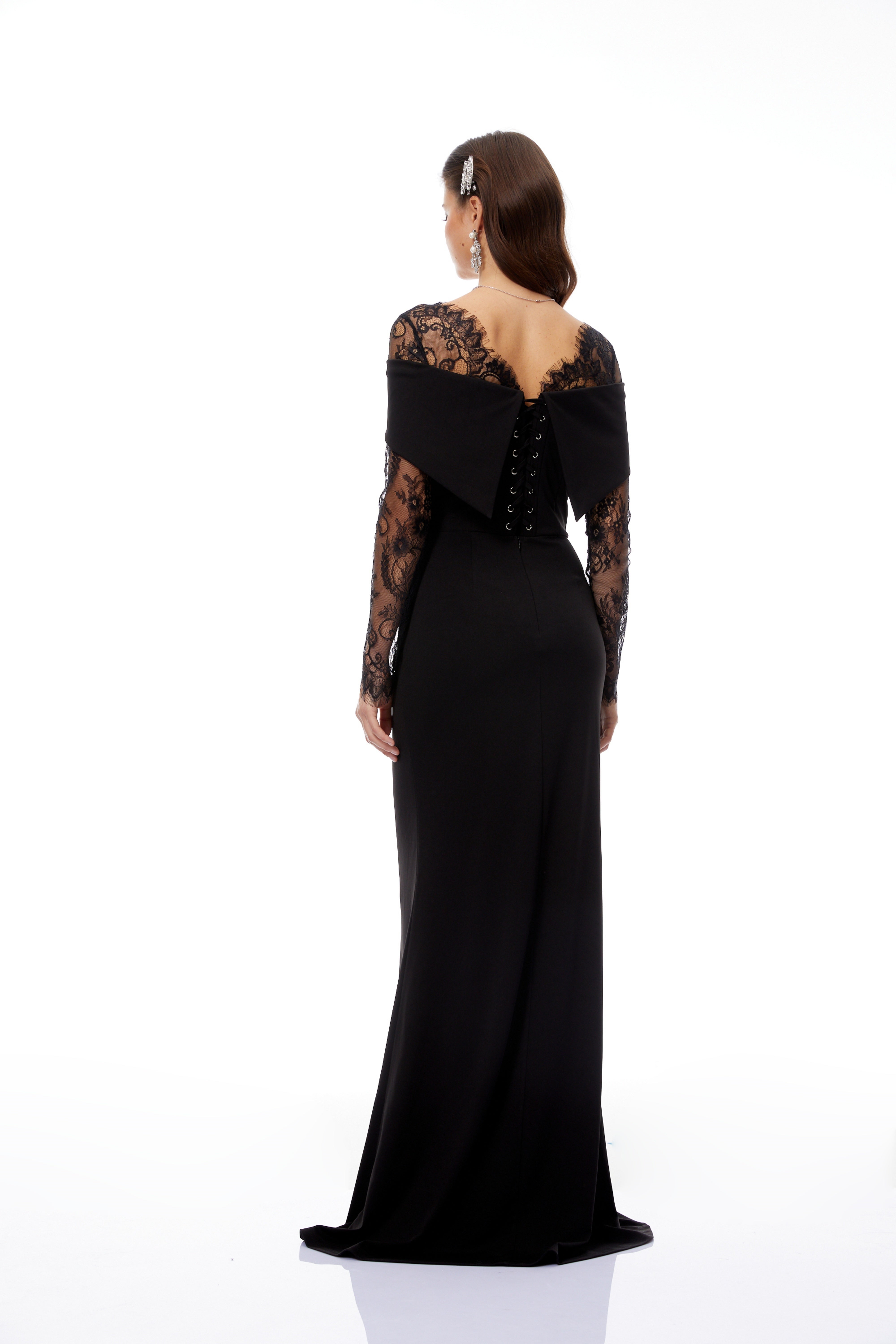 Black lace-sleeve off-the-shoulder maxi dress