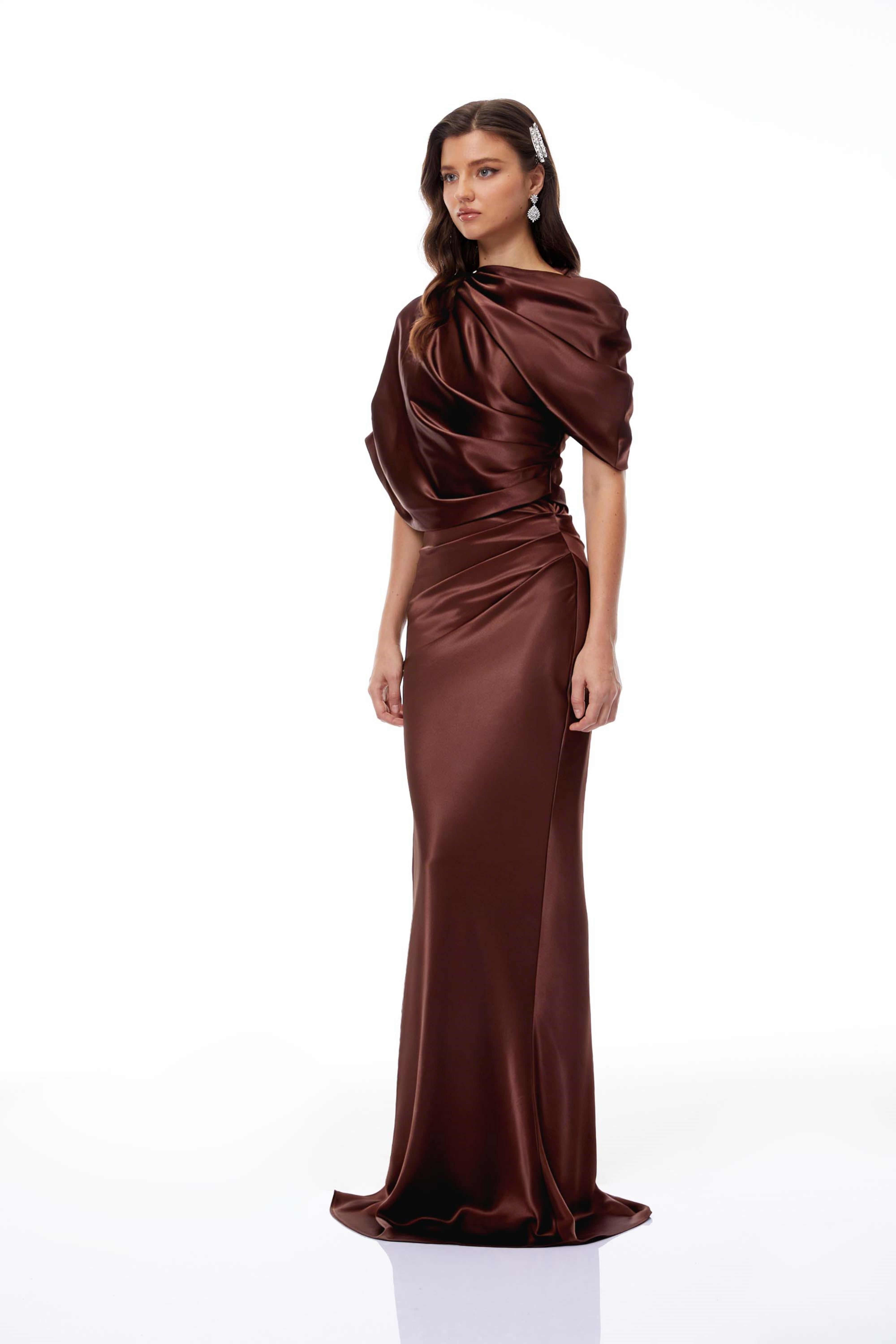 Asymmetrical Gathered Satin Maxi Dress
