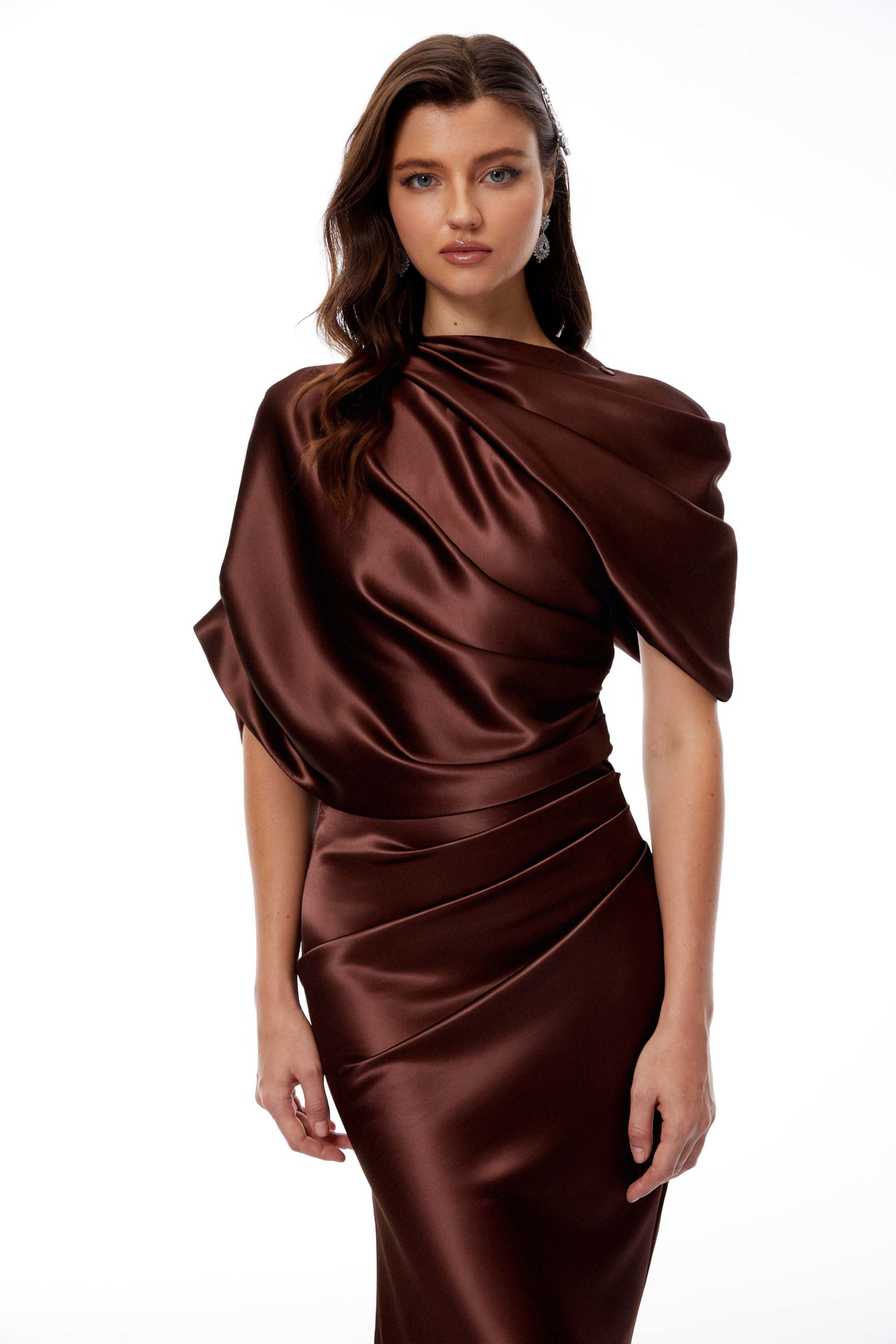 Asymmetrical Gathered Satin Maxi Dress