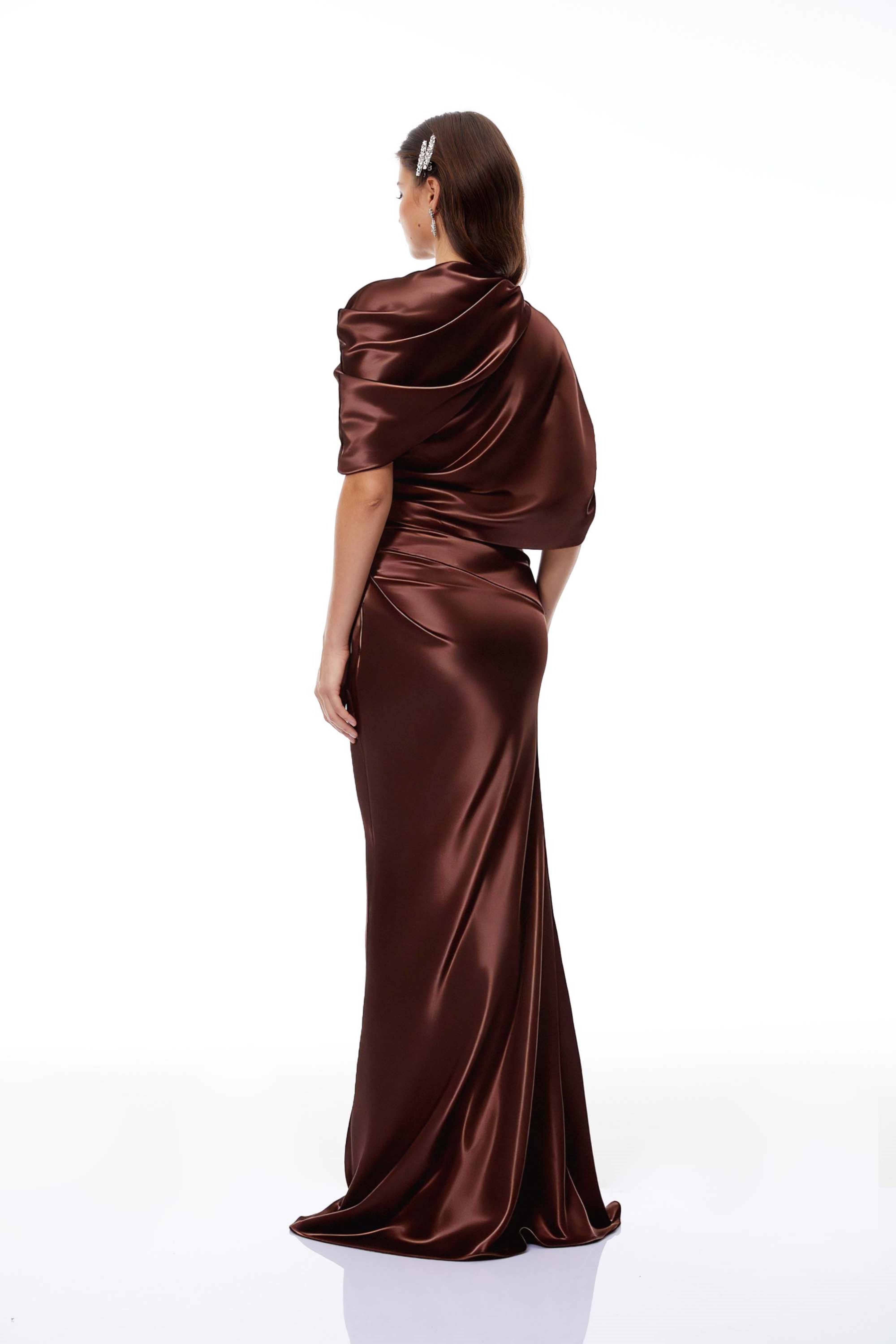Asymmetrical Gathered Satin Maxi Dress