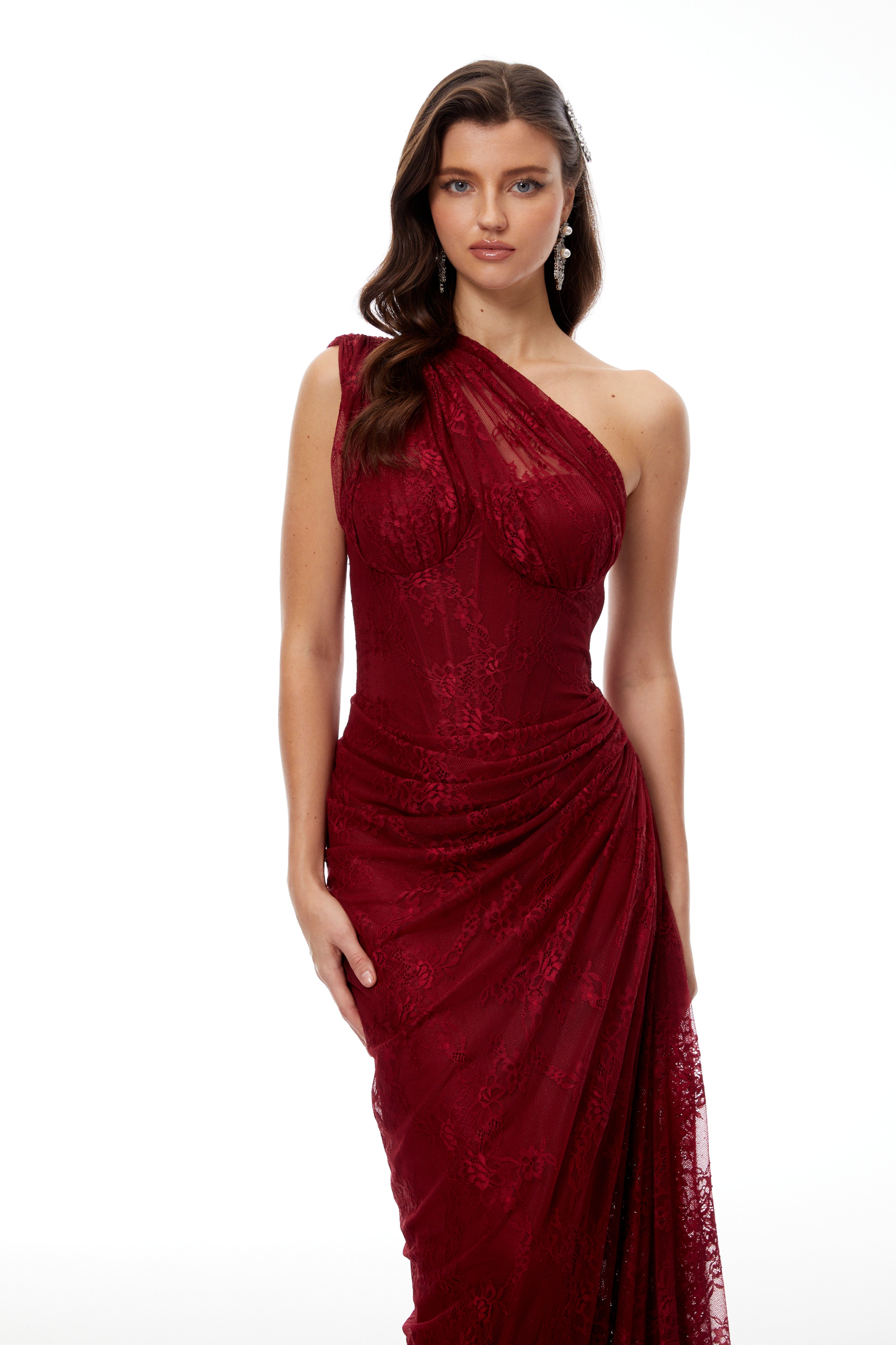 One Shoulder Lace Dress in Burgundy