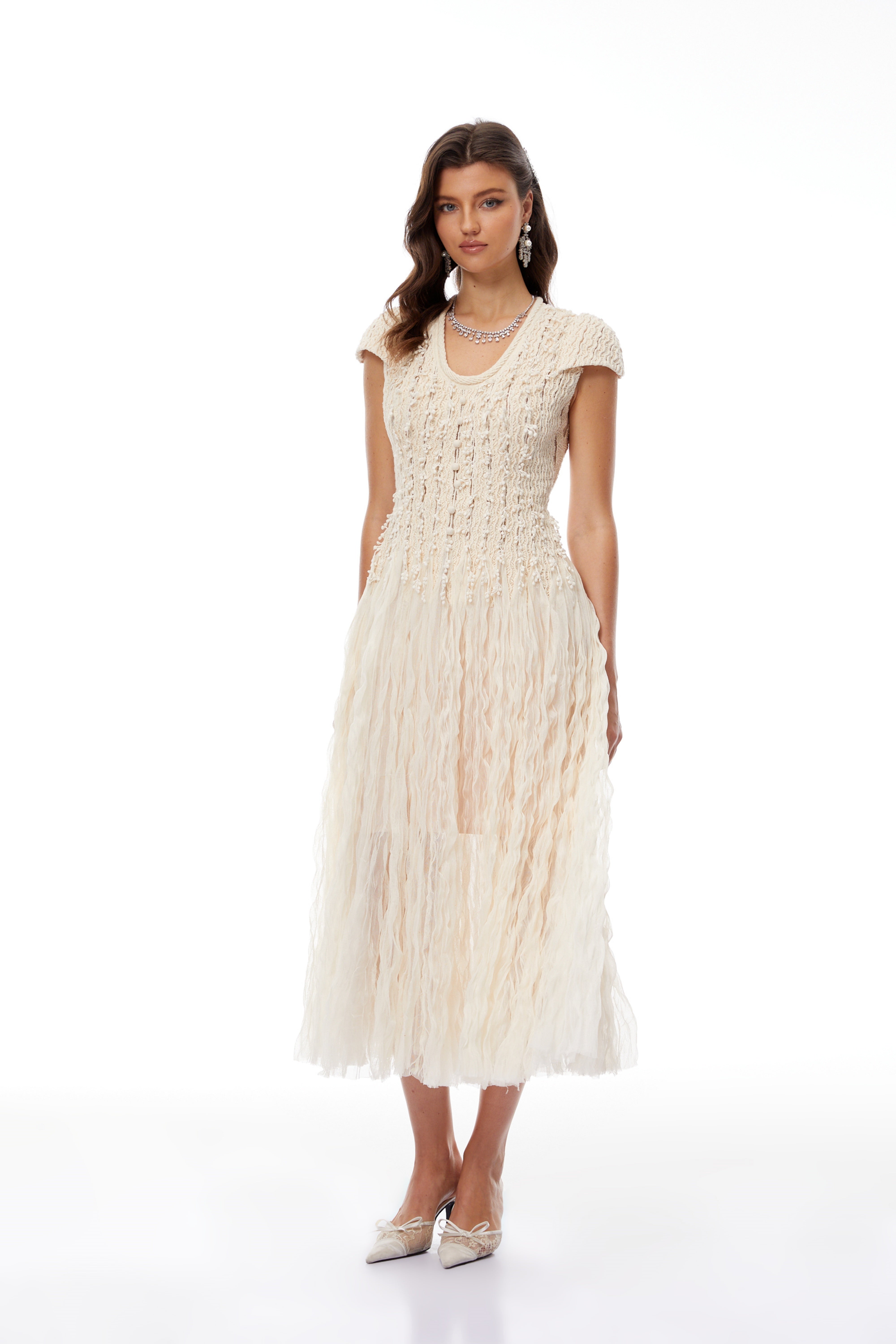 Cream cap-sleeve textured knit midi dress with fringe detailed skirt