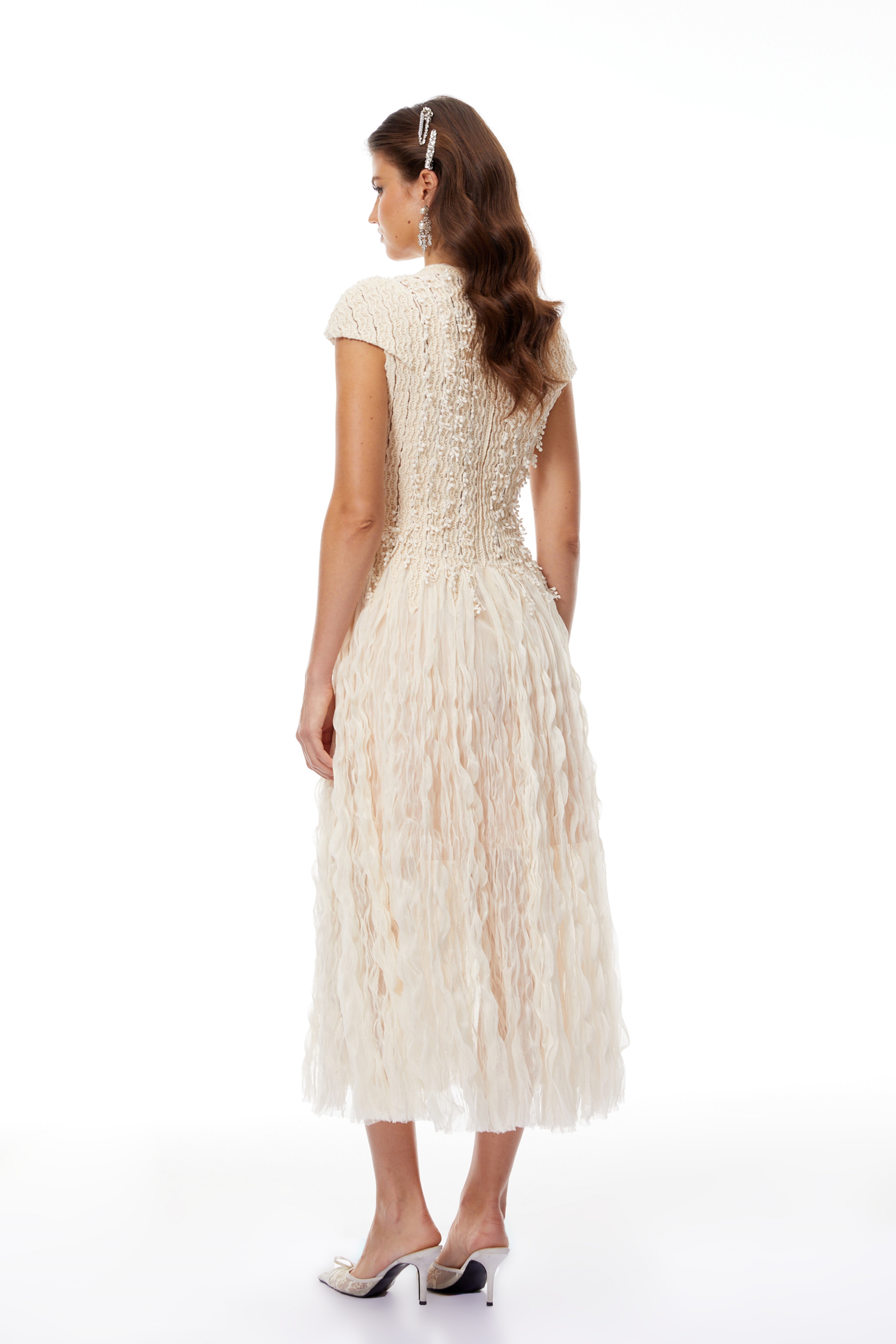 Cream cap-sleeve textured knit midi dress with fringe detailed skirt