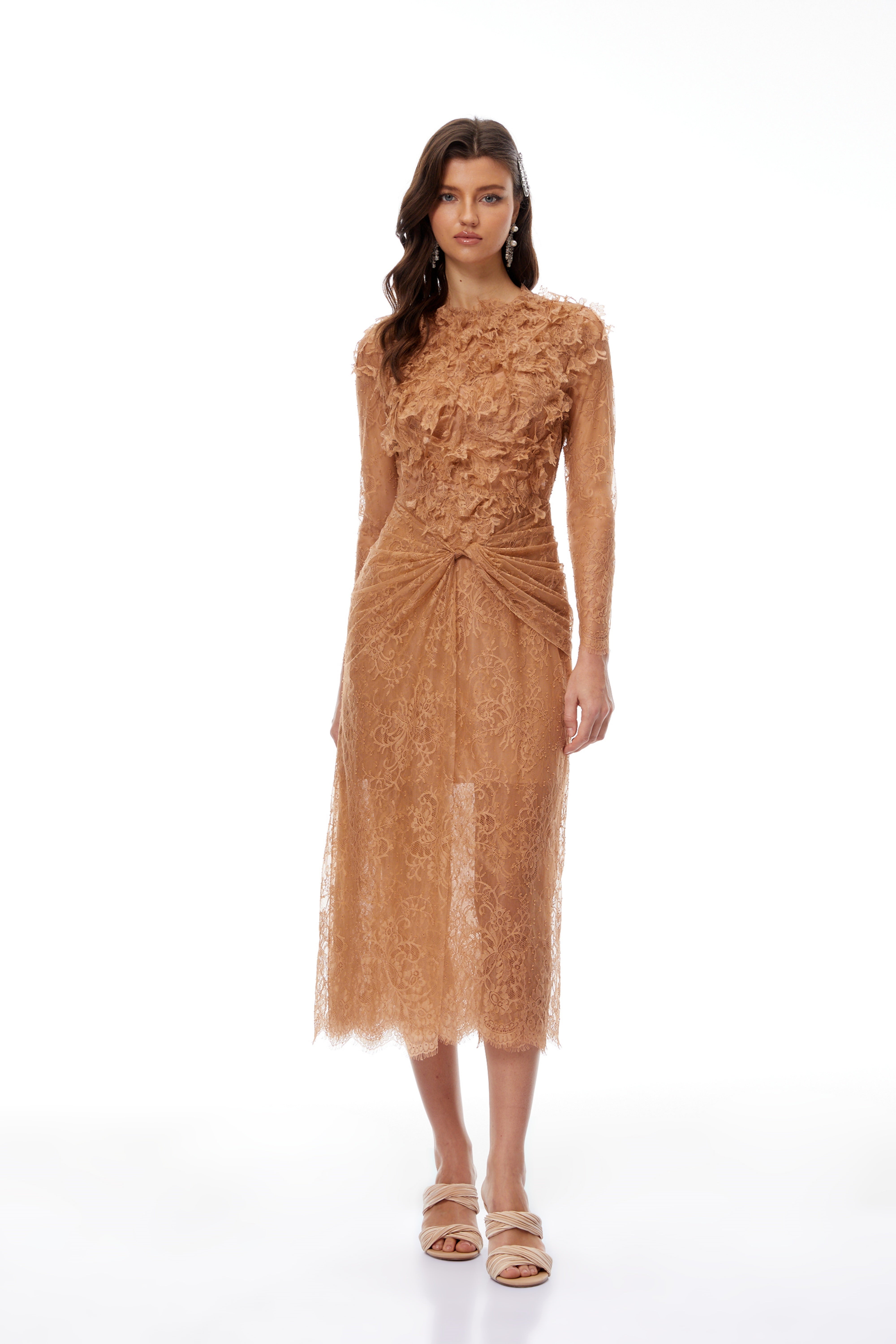 Apricot 3D floral lace midi dress