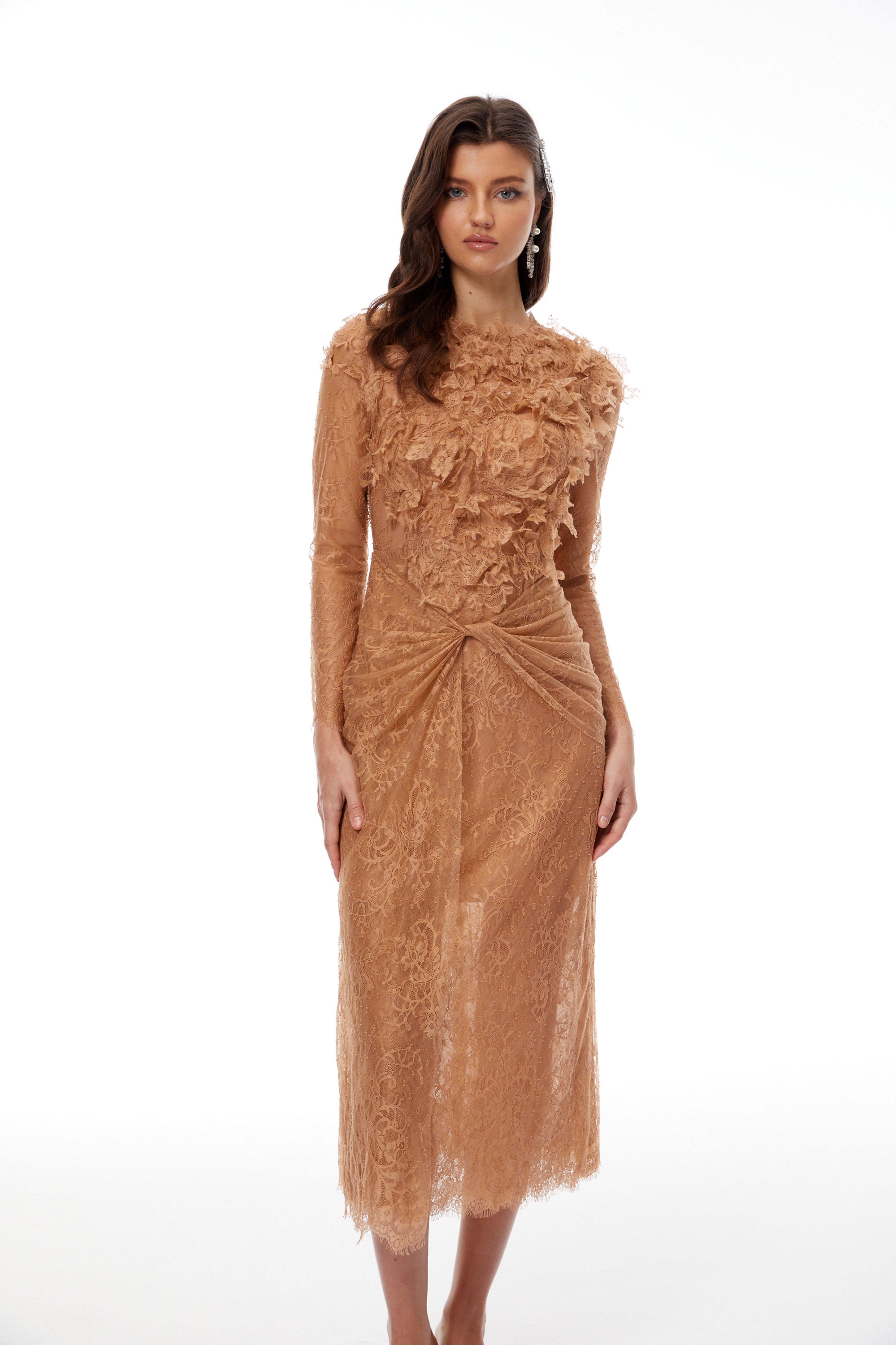 Apricot 3D floral lace midi dress