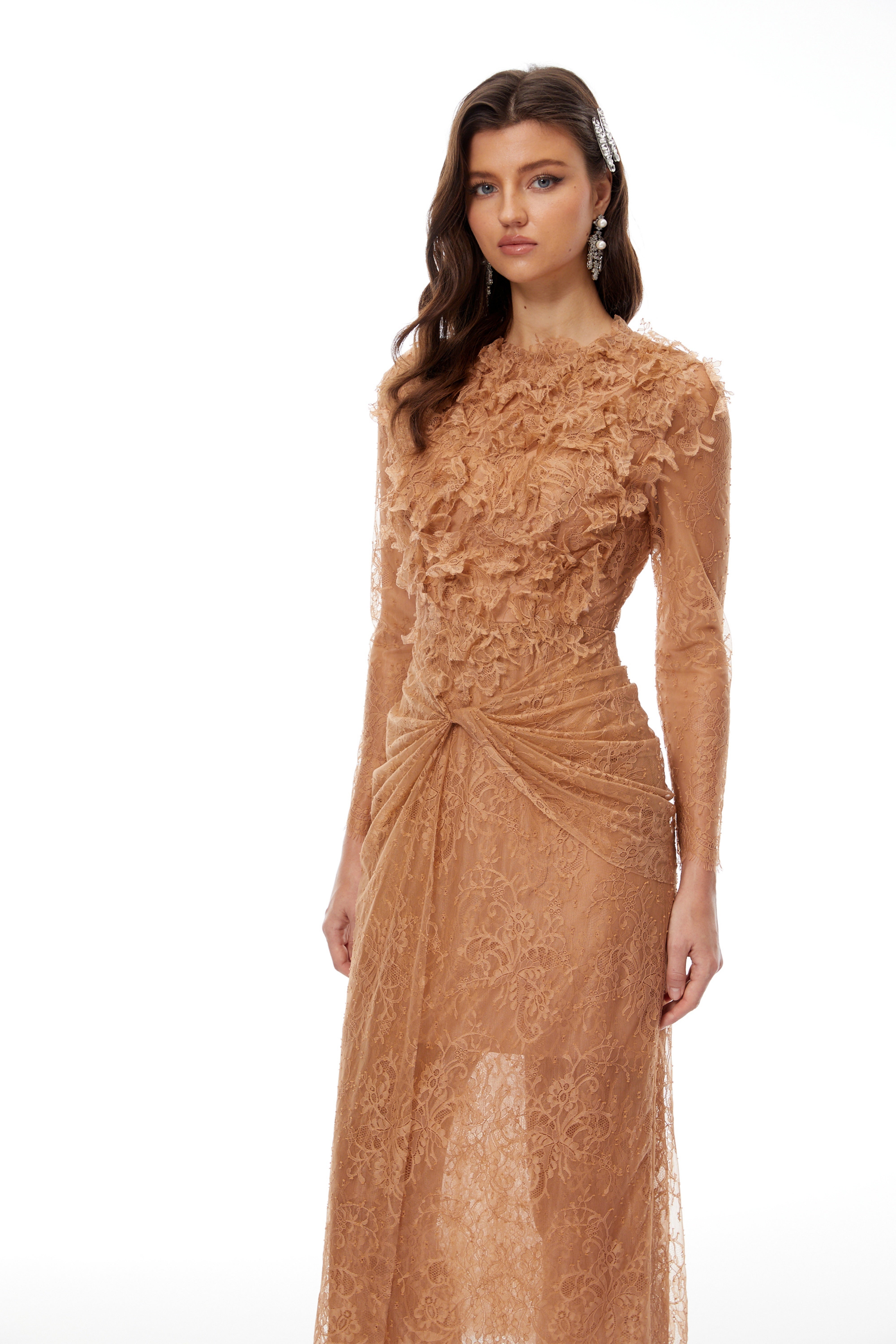 Apricot 3D floral lace midi dress