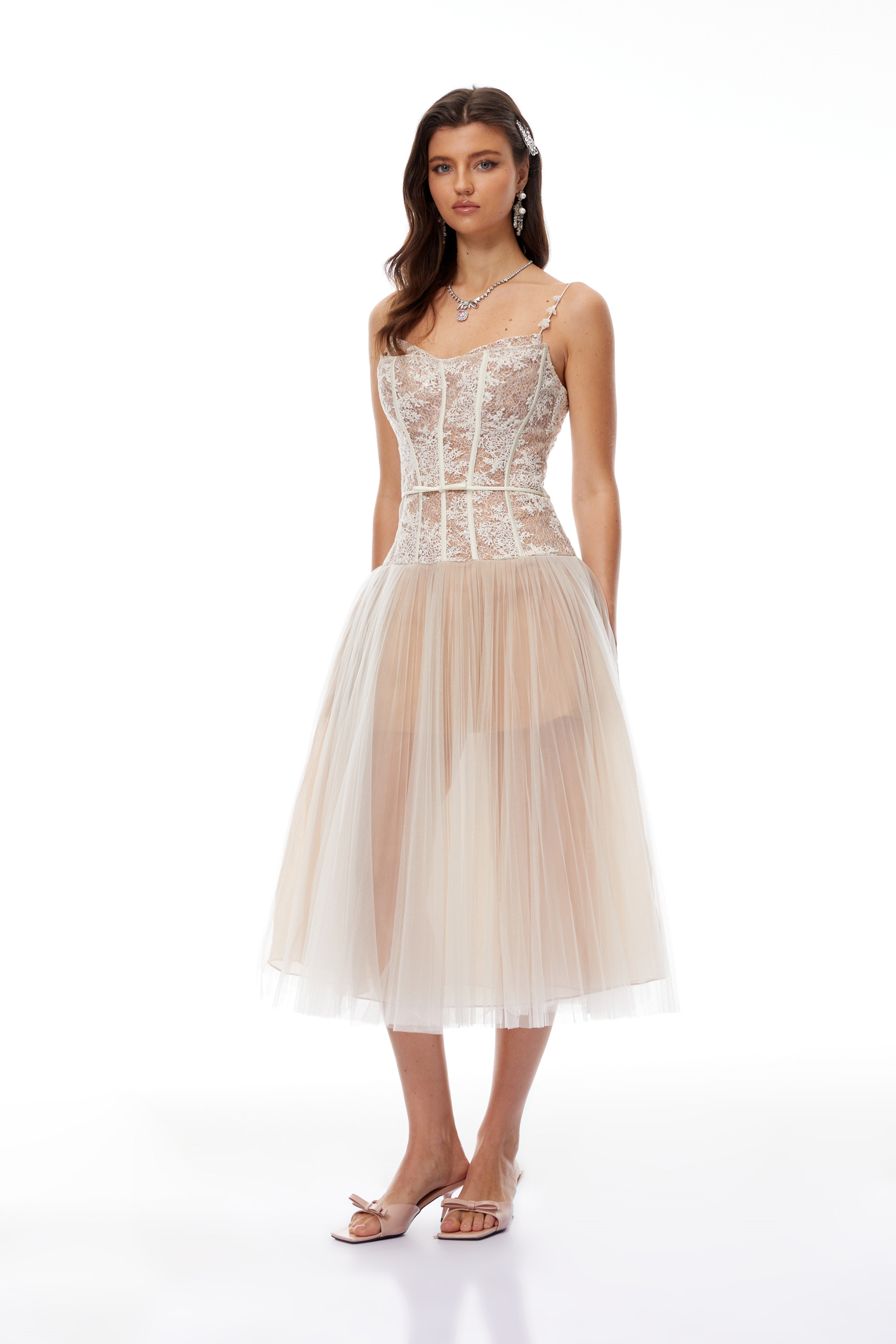 Mira Neutrals Lace Panel Tulle Midi Dress – Miss Rosier - Women's