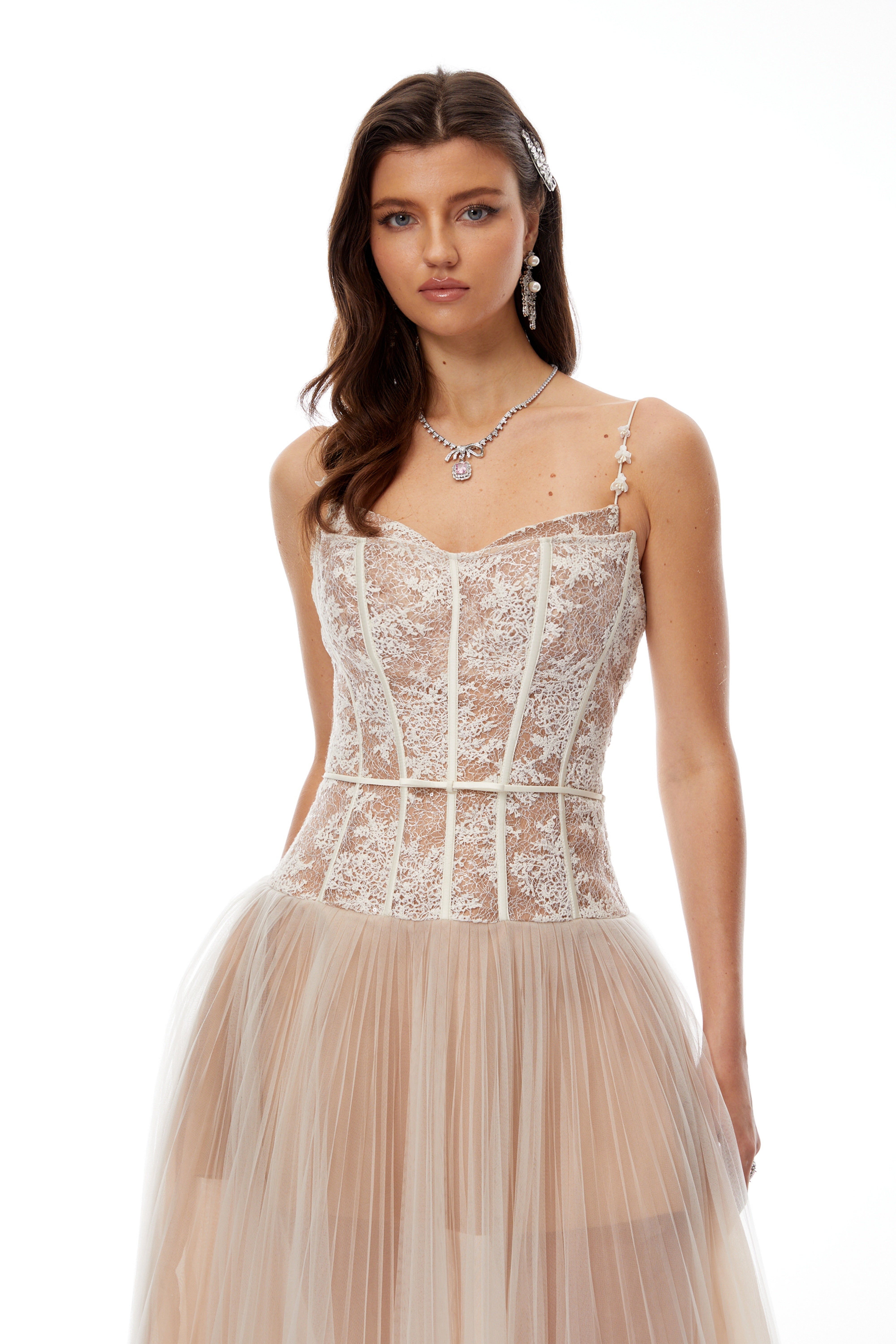 Mira Neutrals Lace Panel Tulle Midi Dress – Miss Rosier - Women's