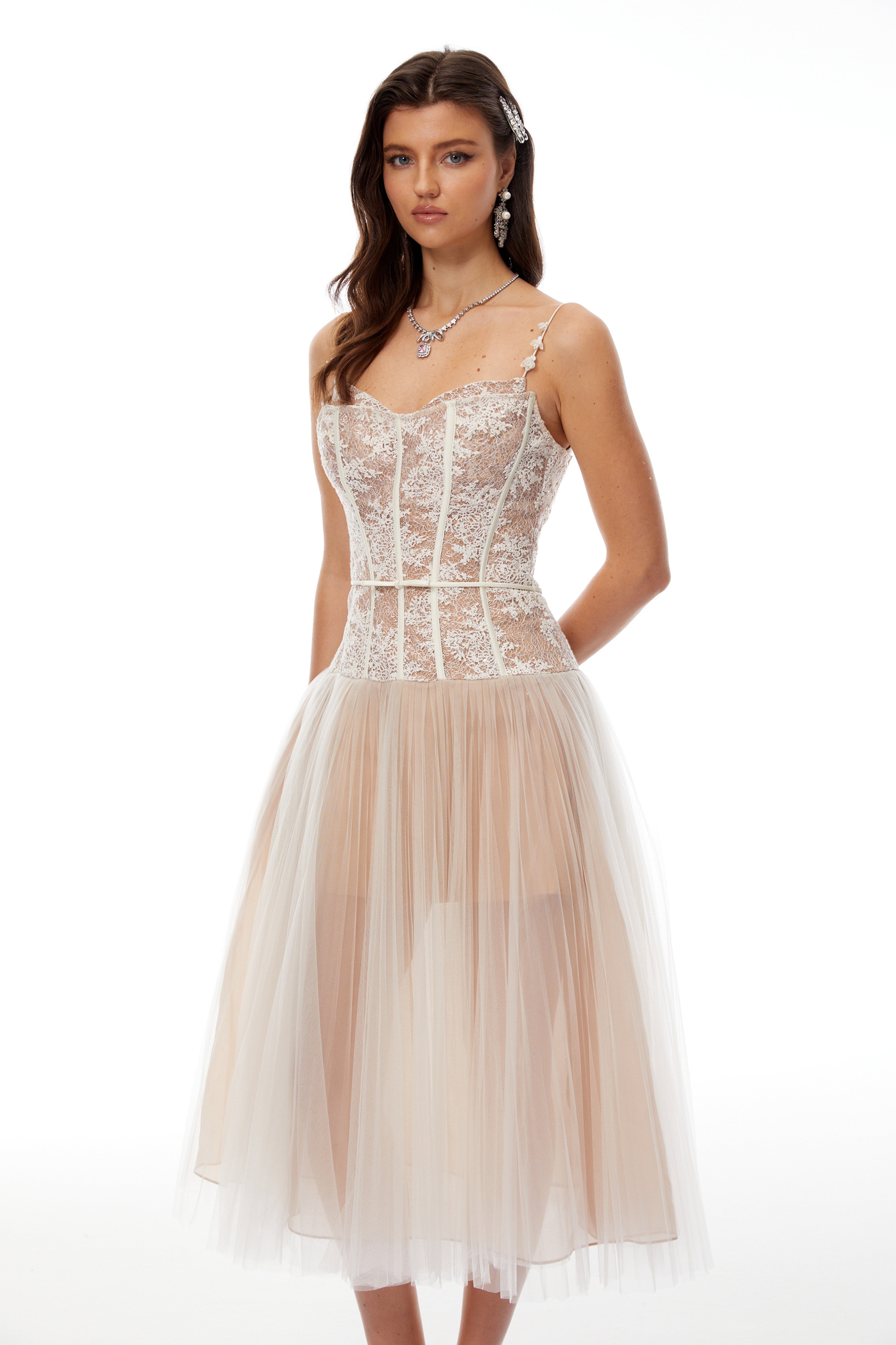 Mira Neutrals Lace Panel Tulle Midi Dress – Miss Rosier - Women's