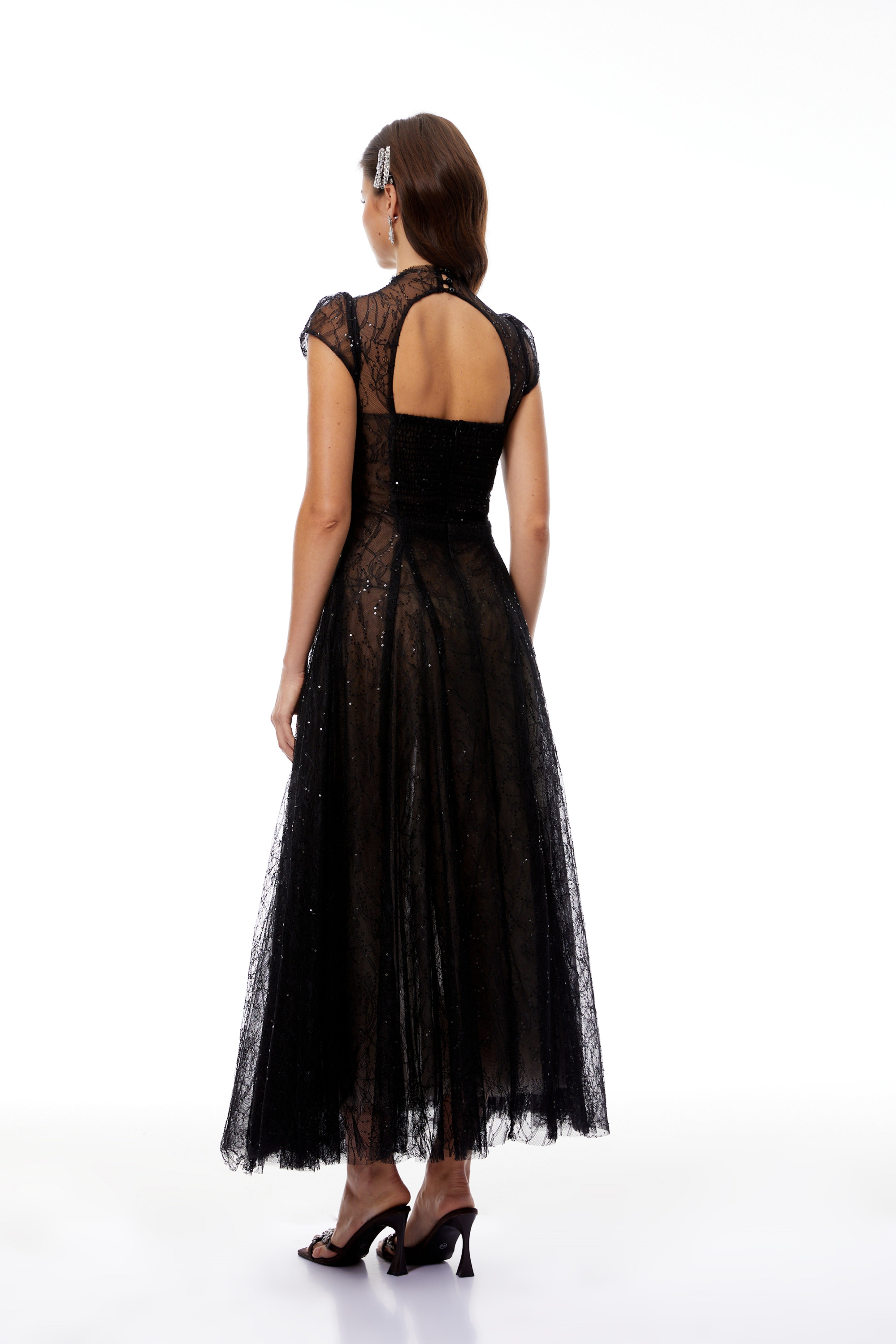 Black Lace Glitter Tulle Maxi Gown