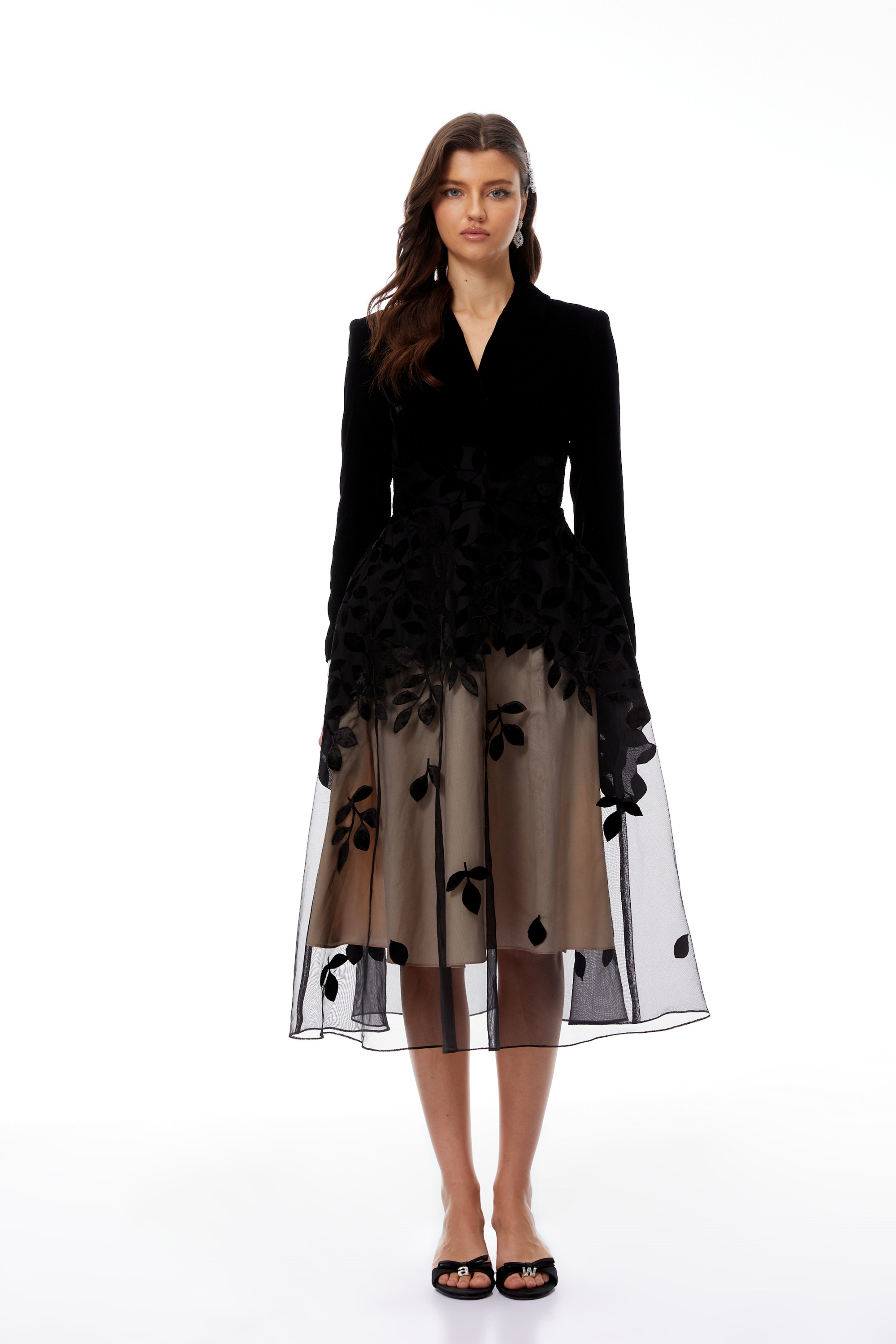 Black velvet floral mesh midi dress