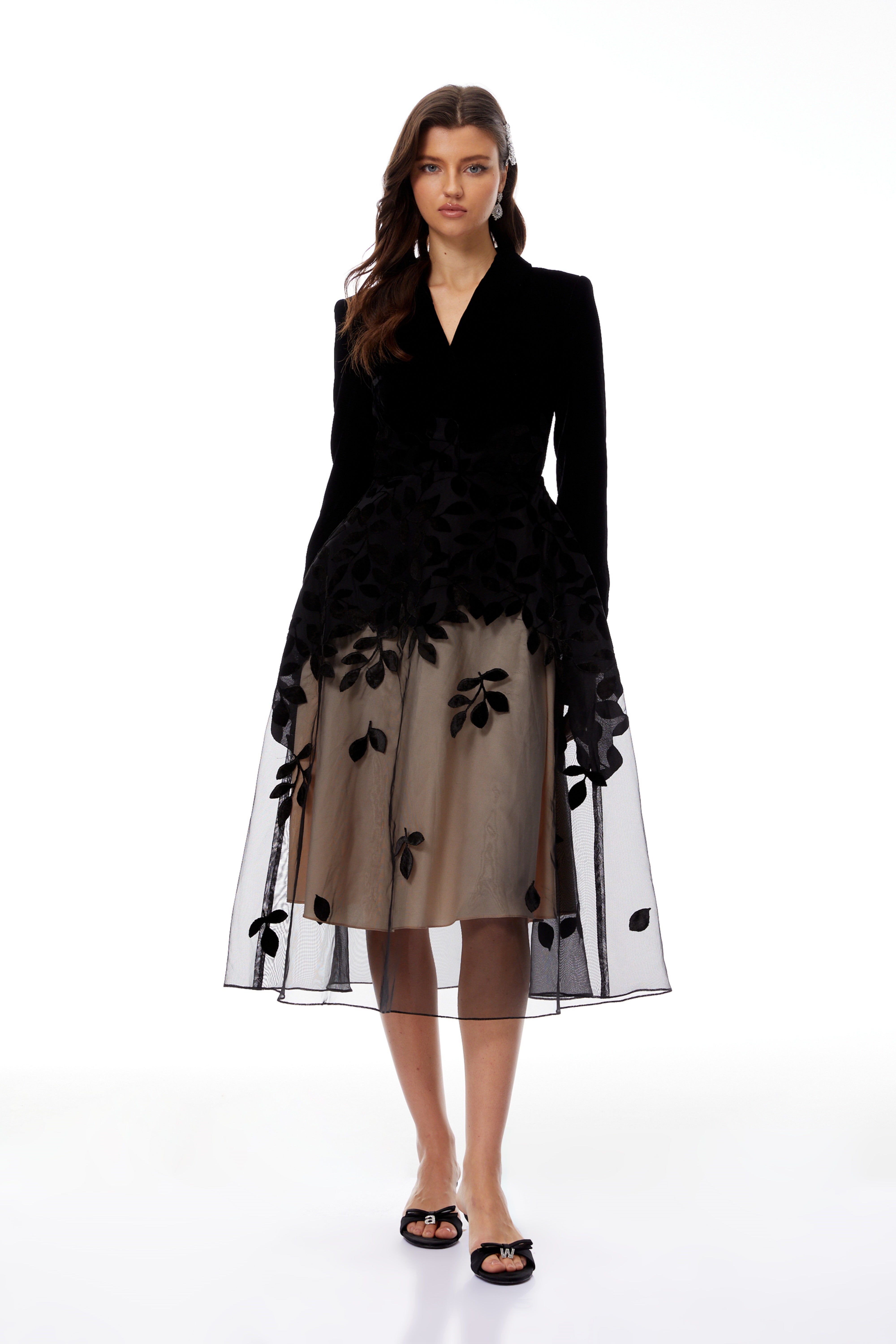 Black velvet floral mesh midi dress