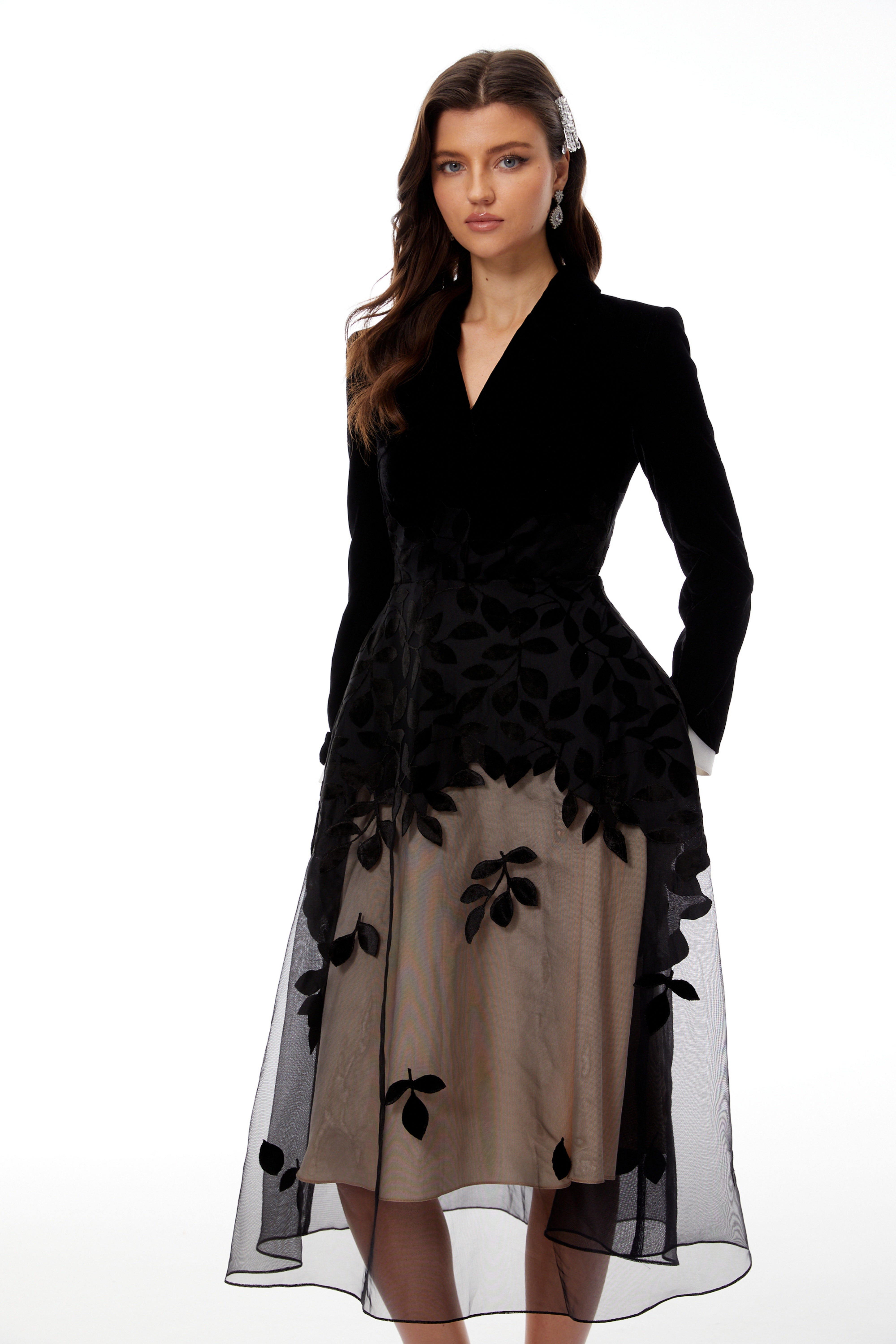 Black velvet floral mesh midi dress